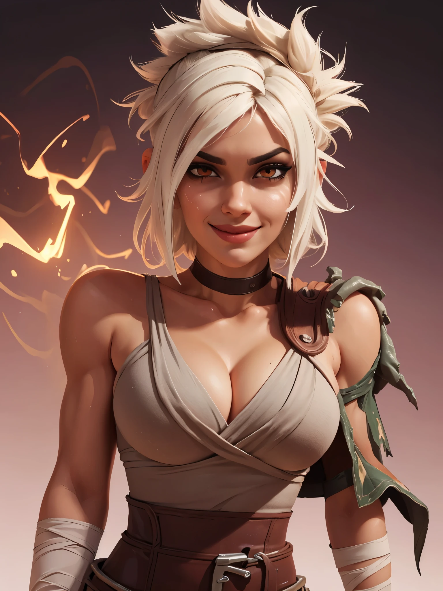 one white girl, riven, riven of league of legends, solo, abs, slender body, (upper body, bust:1.2), brown eyes, white hair, choker, (white skin:1.1), (toga, roman clothes, cleavage:1.5), bare shoulders, belts, shoulder-belts, masterpiece, highly detailed, look at viewer, expressing joy, shiny blured orange background, gradient sprayed background, smile, happy face, naughty grin, front view, gradient red purple background, blured background, glowing edges of image