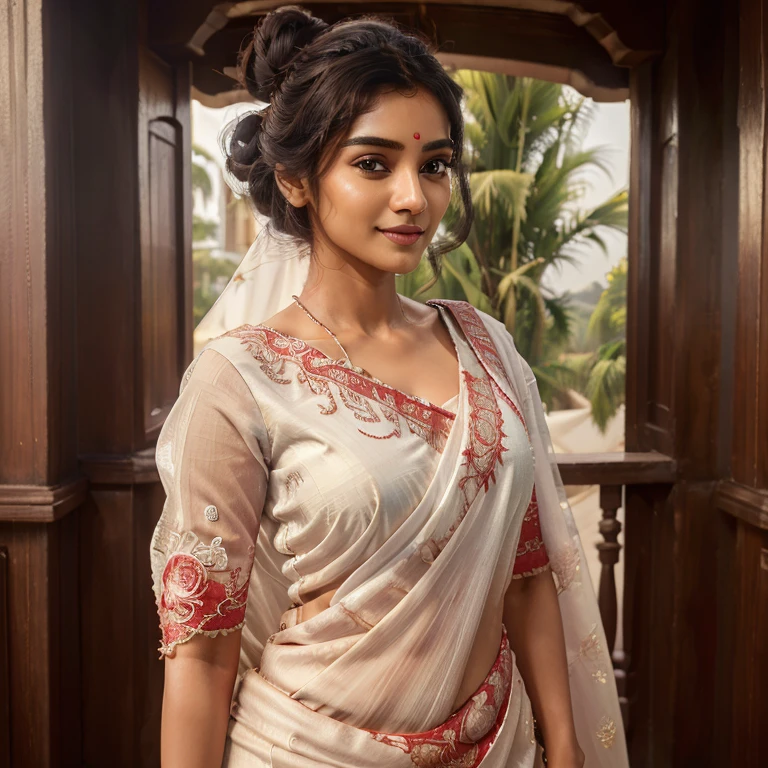 (best quality,8k,highres,masterpiece:1.2),ultra-detailed,realistic,indian woman,30 years old,full body image,glowing skin,bun hair style,looking at viewer,beautiful detailed face,Shy smile,white silk saree with red rose embroidery,detailed clothing style,day time