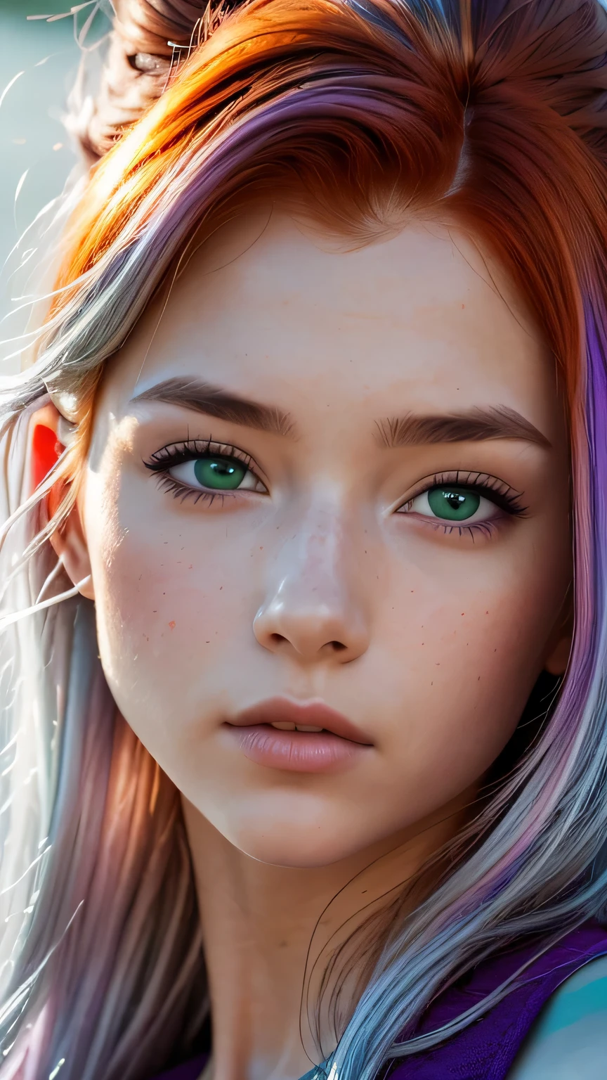 1.5),(1 girl),(dynamic pose),(multicoloredhead+silver hair:1.3+redhead:1.2+purple hair+yellow hair:1.3+green hair:1.3),(blue eyes),(neck ribbon),(floating),(cloud),(Too many droplets of water),(twilight),(watercolor),(wide shot),masterpiece, 最high quality, high quality, High resolution, ((close up of face))、