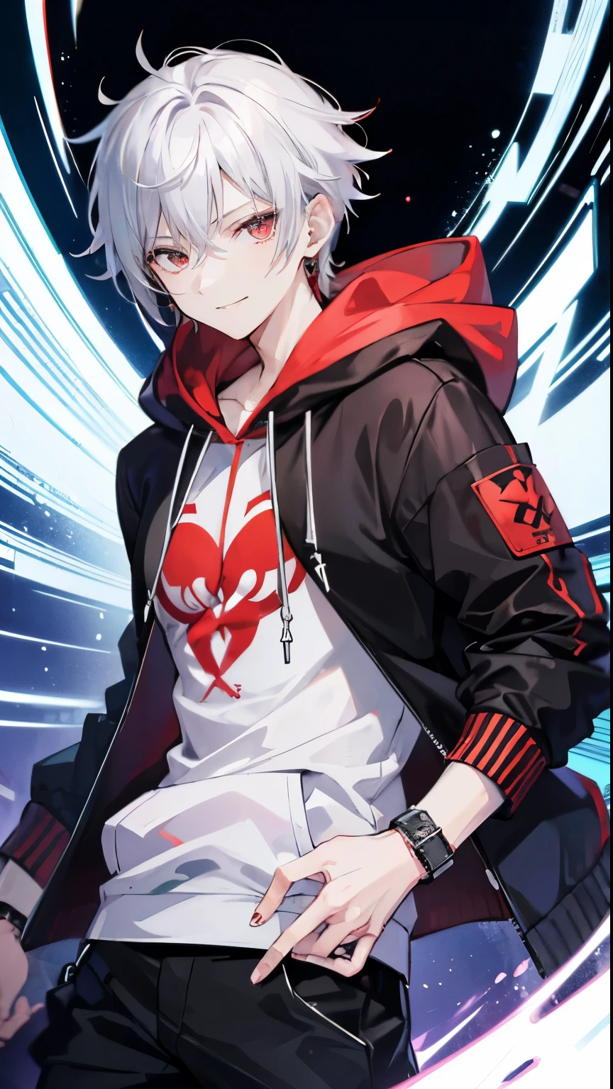 High resolution, 2D anime style,,cool men,red eyes,short hair,silver hair,20th generation,Fashion wearing a hoodie,Beautiful watch,beautiful earrings,he is smiling a little,whole body