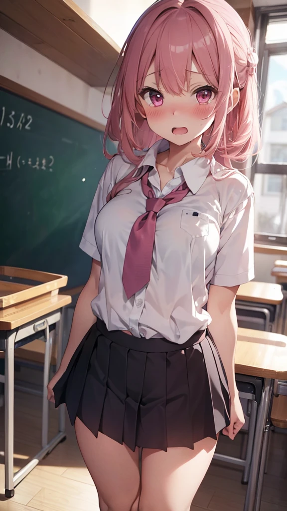 mastute piece,Best Quality,insanely detailed,8k cg,
shoot upper body,
1girl,standing,body in front,(school uniform),
blush,shy,(trembling:1.2),pink hair,break,open mouth,classroom,