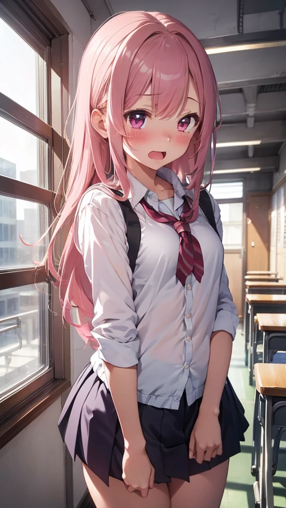 mastute piece,Best Quality,insanely detailed,8k cg,
shoot upper body,
1girl,standing,body in front,(school uniform),
blush,shy,(trembling:1.2),pink hair,break,open mouth,classroom,