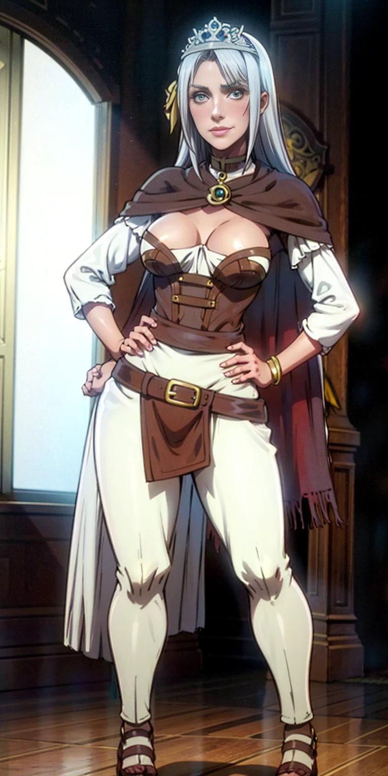 ((BLACK BACKGROUND,1:2, masterpiece)), full body MILF BIMBO standing with two long thighs and two high heels, red eyes, silver white hair, short bob style hair, big breasts, cleavage, separate sleeves, tiara royal, long cape up to two feet, yellow bikini, hands on waist, navel, lustful smirking smiling, smile face (red blushed, red cheeks), metal shoulders, gold sleeveless armbands, black leather choker slave collar, shackle bracelets, sex slave red crest, full body MILF BIMBO standing with two long thighs and two metal sandals, red eyes, silver white hair, short bob style hair, big breasts, cleavage, separate sleeves, tiara royal, long cape up to two feet, yellow bikini, hands on waist, navel, lustful smirking smiling, smile face (red blushed, red cheeks), metal shoulders, gold sleeveless armbands, black leather choker slave collar, shackle bracelets, sex slave red crest, pauldrons, breastplate, corset, eye focus, full body, whole body. 1solo . slave fighter, loincloth standing, hands on hips, metal sandals, backpack, choker, big belt, view from below, feet together, bracers, tiara)