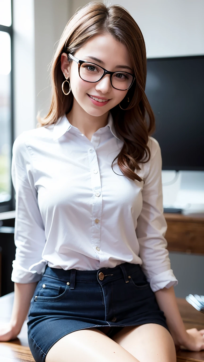 (Super elaborate CG Unity 8K wallpapers), (masterpiece), (Raw photo, highest quality), (realistic, realistic: 1.3), 1 girl, office, Opaque shirt with white collar,  smile:1.5, officeに座ってコーヒーを飲む, (Glasses), earrings、sitting photo,