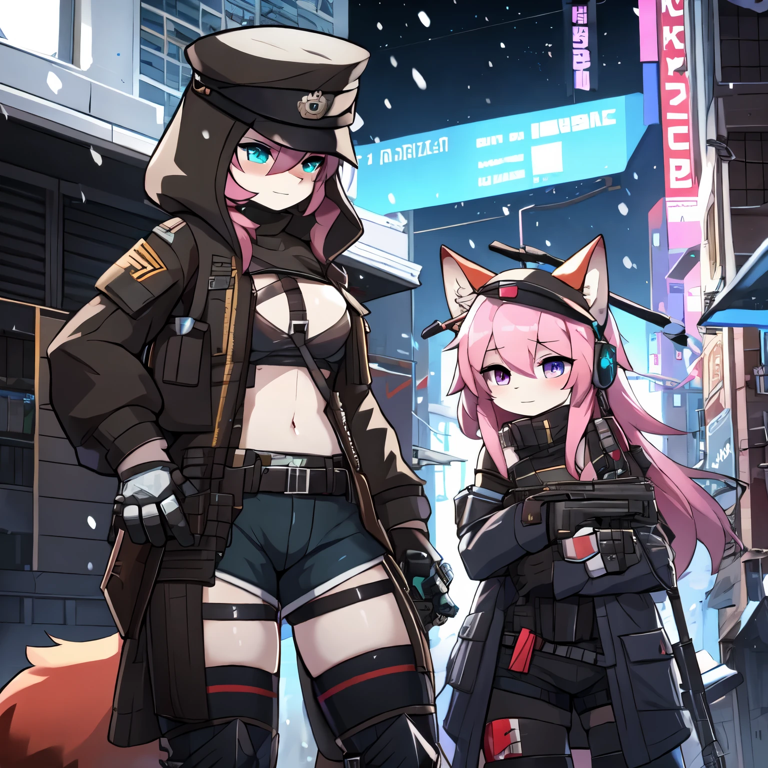Kawaii, pink striped Fluffy Fox, flat chest, emaciated, Pink hair, left eye is red, right eye is blue, heterochromia, 2girls, on the night deserted and destoryed city with ruins and snowing follows Cold weather, synthetic tissue skin, cybernetic prosthetics, Mechanical prosthetic legs, digital headphone with HUD, cybernetical prosthetic arms, over-sized long blouse with ribbons, thigh-high-socks, shorts, Grey long-Sleeve loose off-the-shoulder Military hood jacket, tactical gun holsters in thigh, Mechanical boots, metallic knee pads, tactical belted loose Arm Sleeves, cybernetic Display gloves, chest rigs, tactical belts, Blue archive halo, Submachine Gun holded on left hand, bulletproof goggles Private military service hat, Arknights,