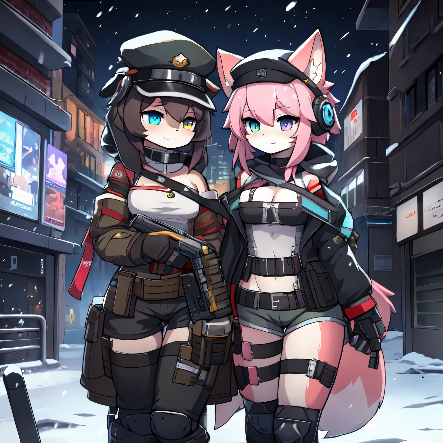 Kawaii, pink striped Fluffy Fox, flat chest, emaciated, Pink hair, left eye is red, right eye is blue, heterochromia, 2girls, on the night deserted and destoryed city with ruins and snowing follows Cold weather, synthetic tissue skin, cybernetic prosthetics, Mechanical prosthetic legs, digital headphone with HUD, cybernetical prosthetic arms, over-sized long blouse with ribbons, thigh-high-socks, shorts, Grey long-Sleeve loose off-the-shoulder Military hood jacket, tactical gun holsters in thigh, Mechanical boots, metallic knee pads, tactical belted loose Arm Sleeves, cybernetic Display gloves, chest rigs, tactical belts, Blue archive halo, Submachine Gun holded on left hand, bulletproof goggles Private military service hat, Arknights,