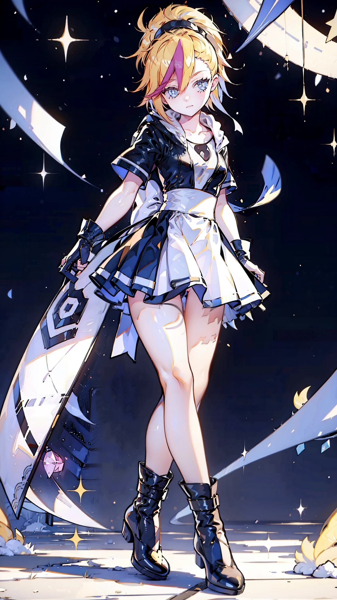 1 girl, ultra long hair, ultra detailed face, glowing lips, glowing blue eyes, very long ponytail, elegant walk, catwalk, holding down a giant katana, blonde, long eyelashes, long boots , looking to the sky, starry sky, a ultra giant katana