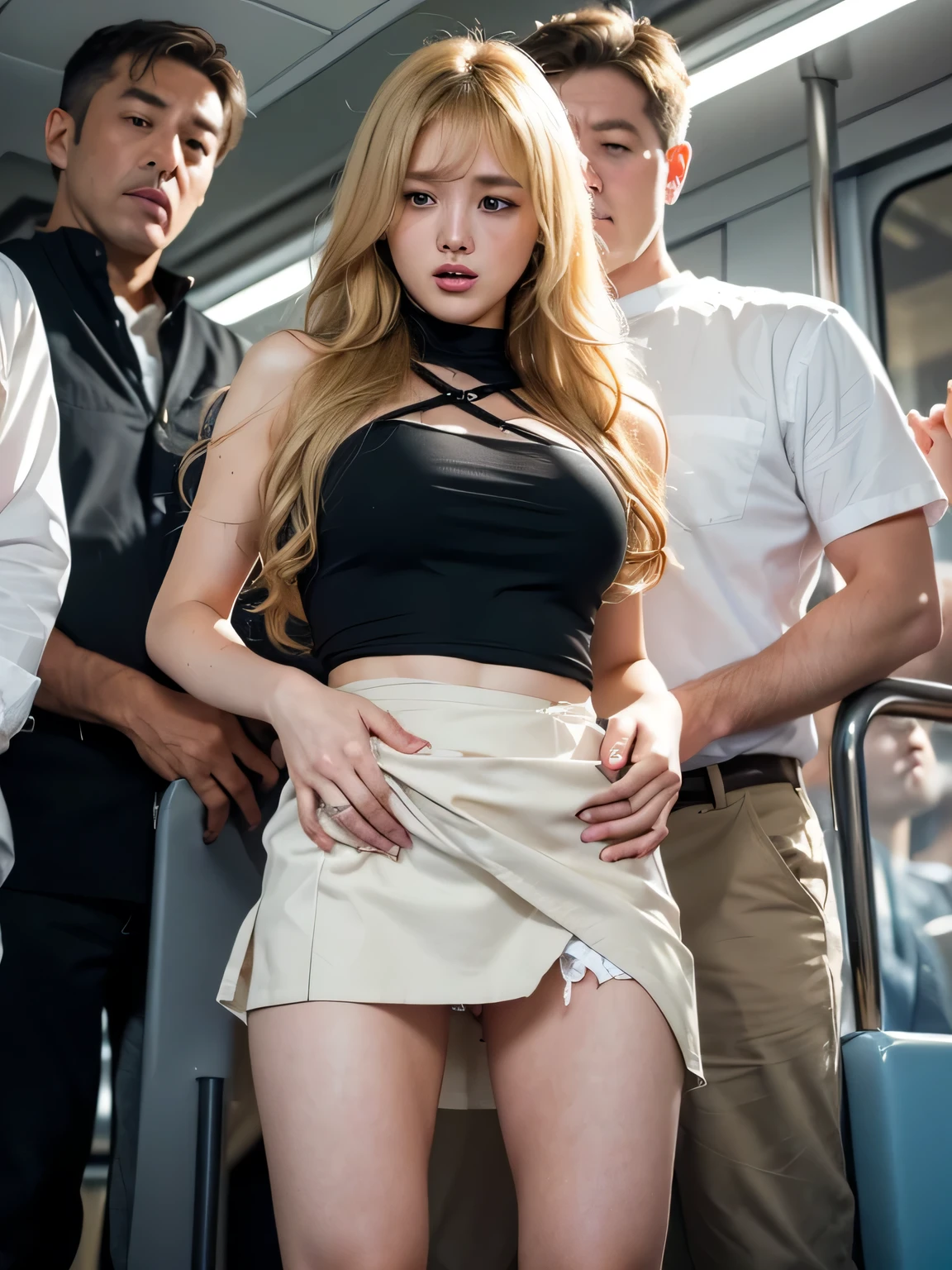 8K, Photographic images, masterpiece, 最high quality, super resolution, Beauty with golden curly hair, ((blonde beauty)), With bangs, Impossibly cute face, and slim, small breasts, high quality, T Masterpiece, exquisite features, she looks sad, delicate eyes, delicate golden hair, 8K quality, Pale light and shadow, Dindal effect, disheveled golden hair, With bangs, young country, Erotic scenes, rock, (element), Very bright white background, (Group molesters:1.3), 1 girl, (Front view from the feet), She was finger raped by several men、(((Inside a crowded train in Japan))), (((She is forced to stand between men and is finger-raped:1.3))), (men are standing around her), (wearing her sexy blouse and miniskirt), (super beautiful face), (her sexy clothes were torn, Her underwear is torn and her skin is visible., pink nipples, thin pubic hair), ( She was grabbed by the man, The men cupped her buttocks with their hands.:1.3), (her clothes were torn and torn:1,3), (At SFW), (((Her blouse is torn and the front is exposed.))), (Her miniskirt is being lifted up from below by men.), (((The man's hand is touching her vaginal opening and raping her with his fingers))), (((A man puts his hand inside her skirt))), (((man pulls her torn skirt))), (((Anxious and embarrassed, her expression of ecstasy), (her mouth half open), (She is looking down because she is embarrassed..), (She is very reluctant), (she is refusing), (Very troubled look)(groan of pain))),