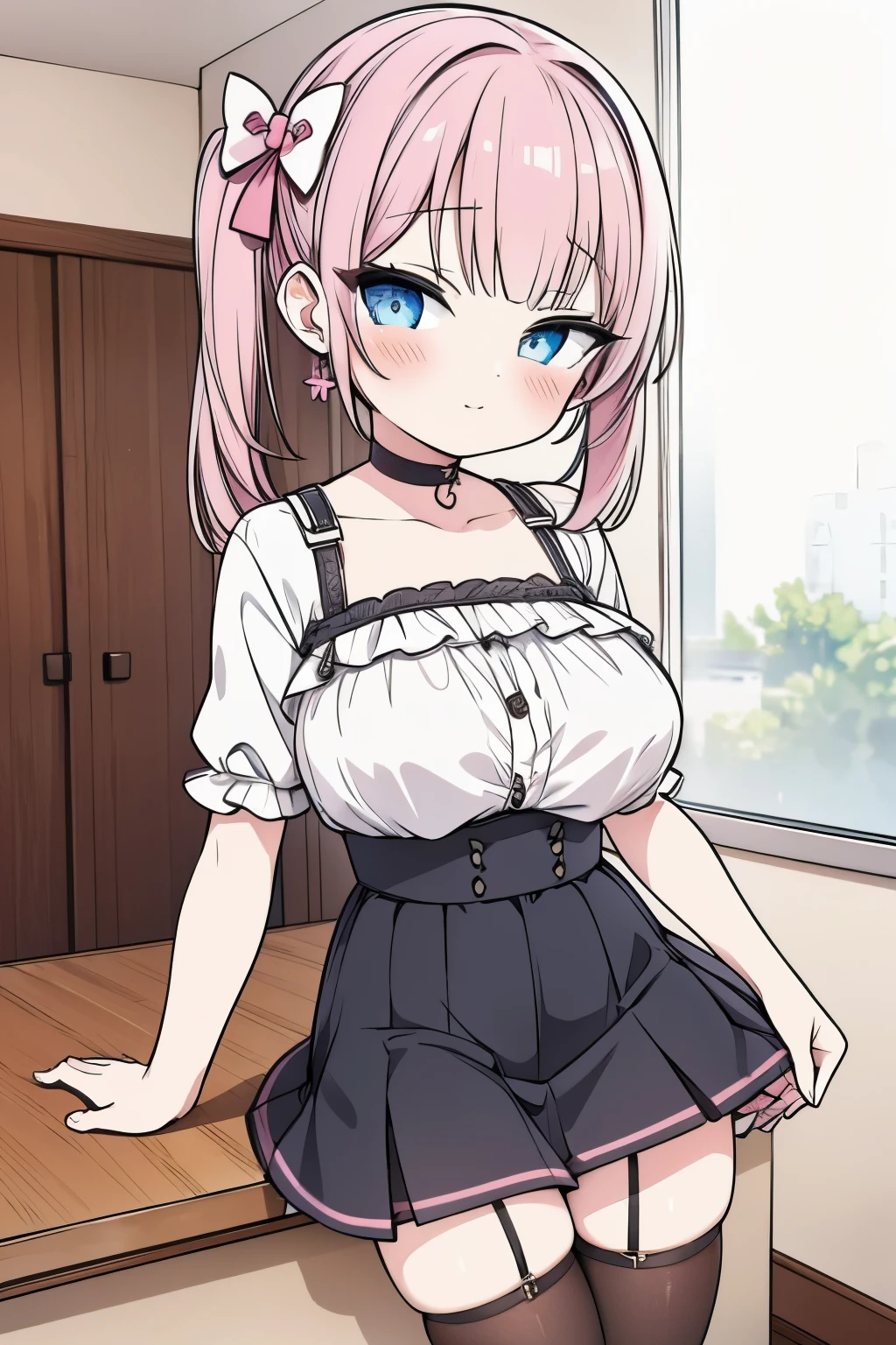Mine series Two Toneの髪 pink black G cup skirt garter belt choker ribbon bob masterpiece highest quality High resolution blue eyes short sleeve blackい服
big breasts Two Tone skirt見せ bra underwear Show bra shame earrings shyness blush