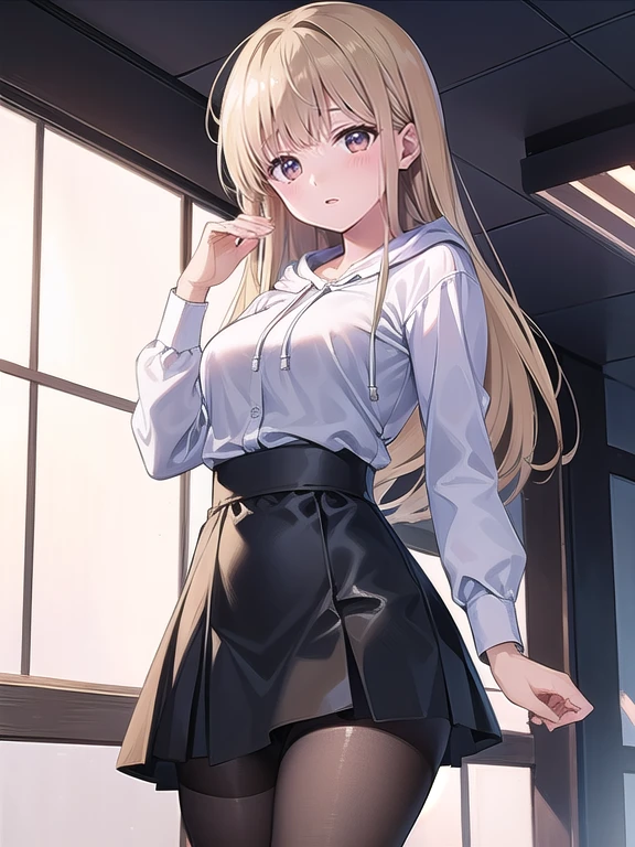 (masterpiece:1.3),((High resolution)),((high quality)),((Super detailed))、1 girl、perfect balance、perfect face、detailed face、cute face、beautiful詳細な目、Expressive eyes、cute eyes、shiny eyes、perfect body、beautiful体、((8k wallpaper)) ,(8K),shine, shine光, (perfect hand :1.7),ray tracing,perfect lighting, shine目, (looking at the viewer,smile:1.1), (mature woman:1.4),Mahiru Shiina (Shiina Midday) ,blonde,brown eyes, ((brown eyes:1.7)), ((smile)),((弾けるようなsmile)),long hair, 黒いshoes, ((black pantyhose)) , (hoodie:1.2) , ((Panty stocking)) , shoes、skirt, ((head shot))、embarrassing、blush、beautiful女の子、cute face、beautiful顔、cute face、beautiful、good anatomy、smile、Mistress Pose,  smile, blush, outdoor, Day, blue sky, empty, looking at the viewer, moody lighting, face-to-face audience、(Are standing))、from below、(NSFW:1.3),panties under pantyhose, 
