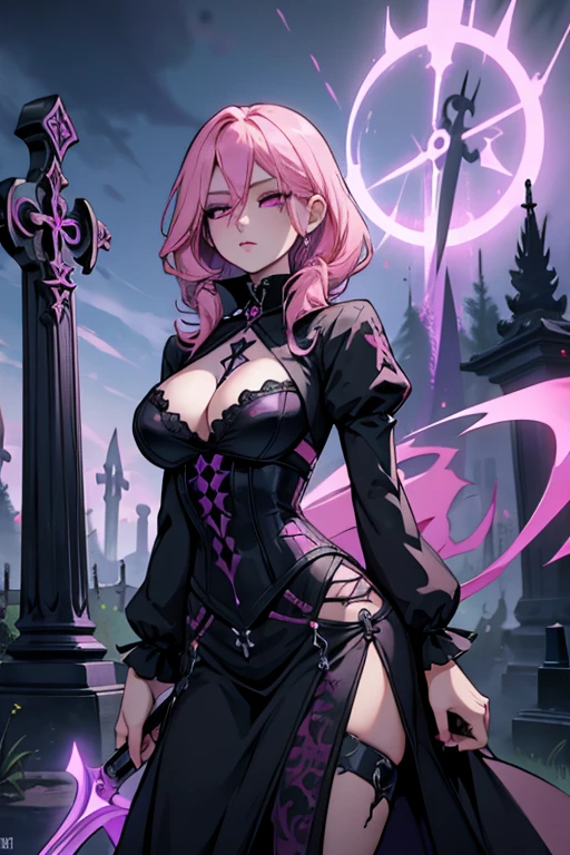 A pink haired female reaper with violet eyes and an hourglass figure wearing a Gothic rock outfit is spinning her scythe in the cemetery
