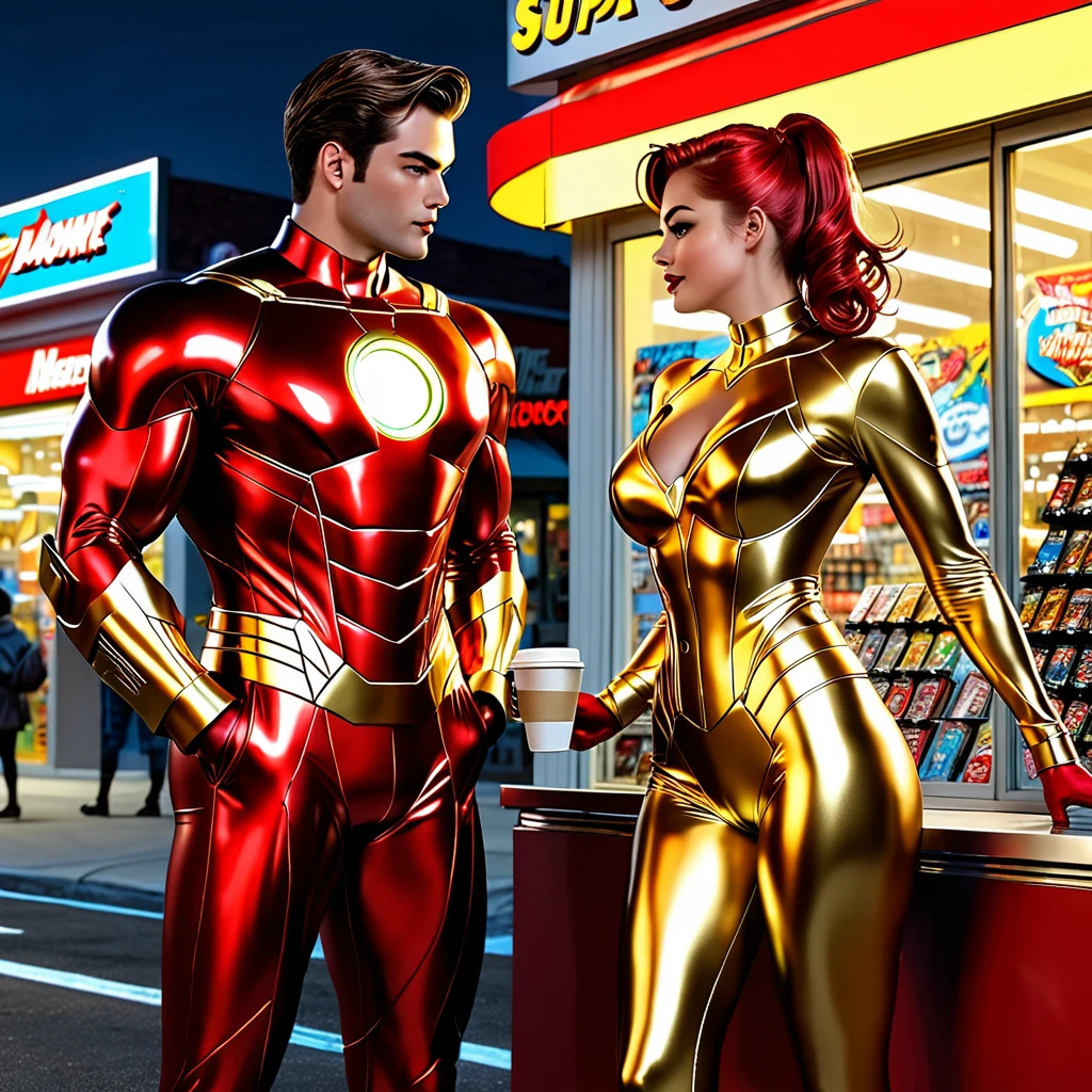 Super Hero landing,outside of Convenience store, midnight,buying coffee,flirting with clerk,busty clerk,big digital clock clearly visible,Medium:comic book art,shiny metallic suit,glowing arc reactor,exquisite details,heroic pose,energetic atmosphere,dynamic lighting,ultra-high resolution,professional concept artist,realistic portrait,vibrant colors,heroic genre, color scheme: red and gold, intense highlights and shadows.