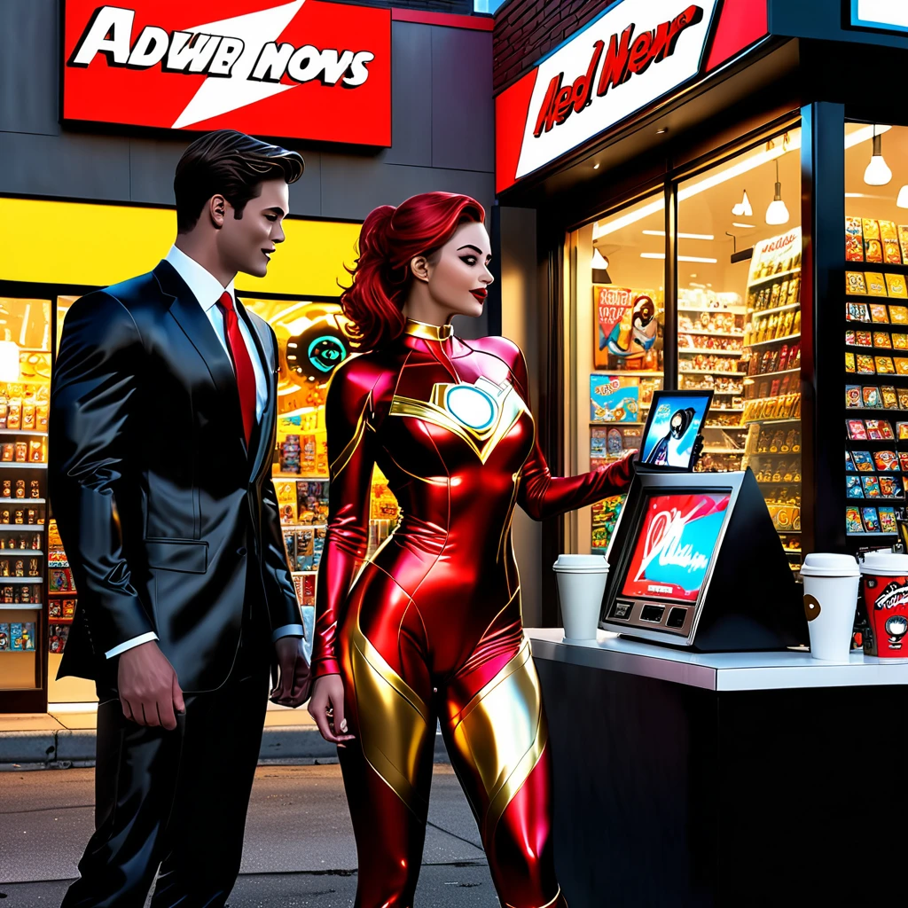 Super Hero landing,outside of Convenience store, midnight,buying coffee,flirting with clerk,busty clerk,big digital clock clearly visible,Medium:comic book art,shiny metallic suit,glowing arc reactor,exquisite details,heroic pose,energetic atmosphere,dynamic lighting,ultra-high resolution,professional concept artist,realistic portrait,vibrant colors,heroic genre, color scheme: red and gold, intense highlights and shadows.