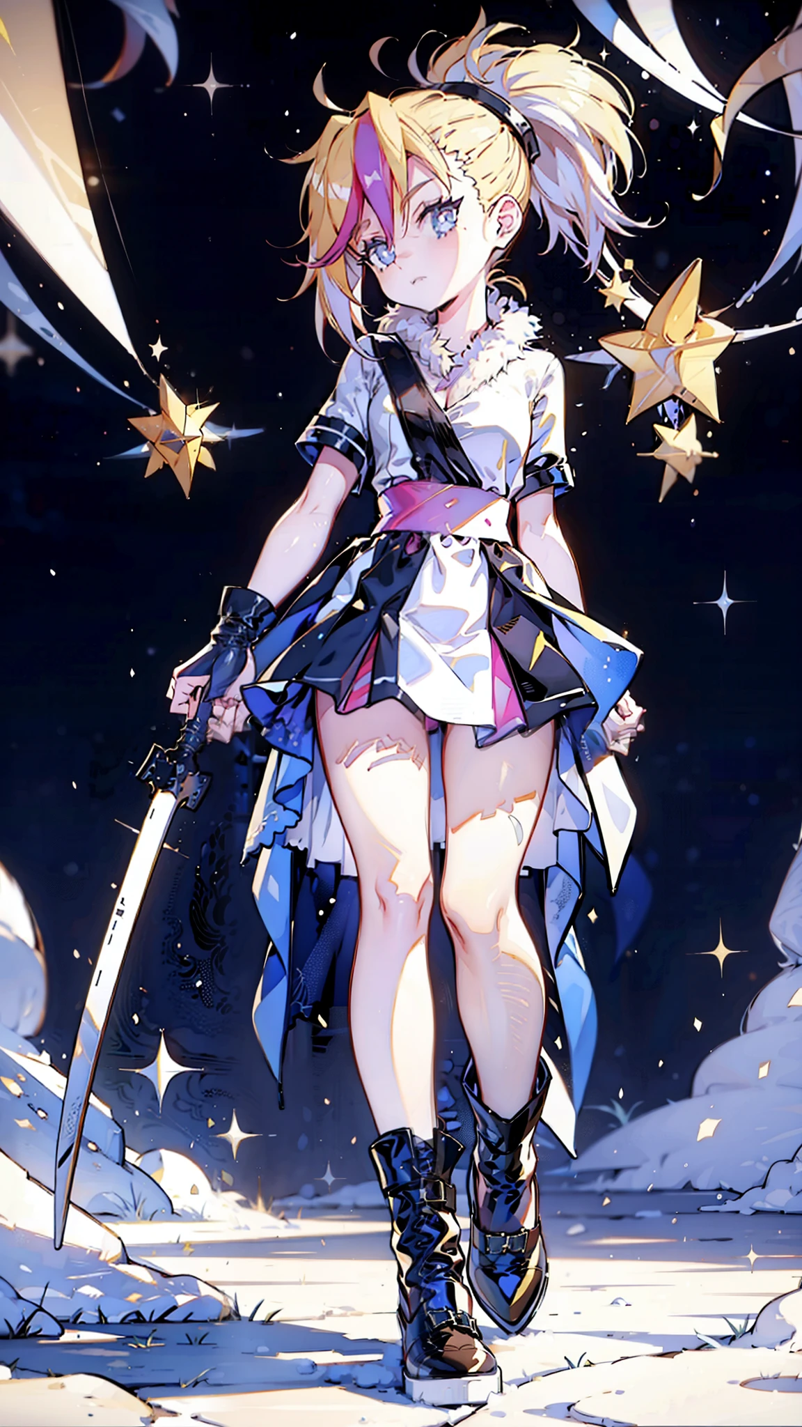 1 girl, ultra long hair, ultra detailed face, glowing lips, glowing blue eyes, very long ponytail, elegant walk, catwalk, holding down a  giant katana, blonde, long eyelashes, long boots , looking to the sky, starry sky, a ultra giant katana 