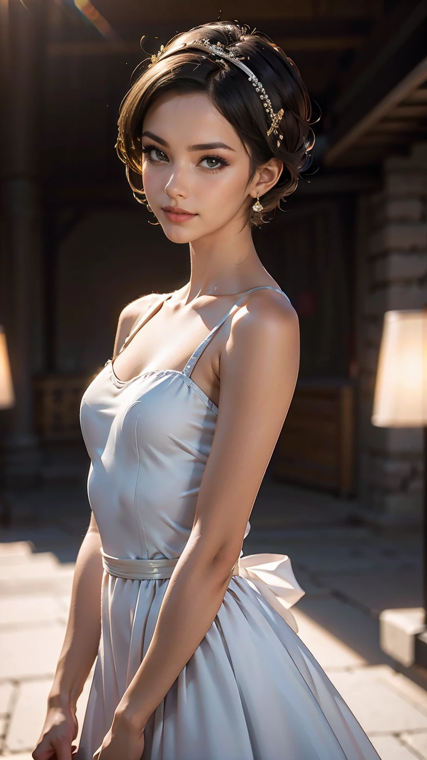 fashion model photoshoot, ballet dress, Strong design sense, medium shot, south african girl, short hair, hair accessory, delicate skin, smile, simple background, high texture, glare backlight, professional studio lighting