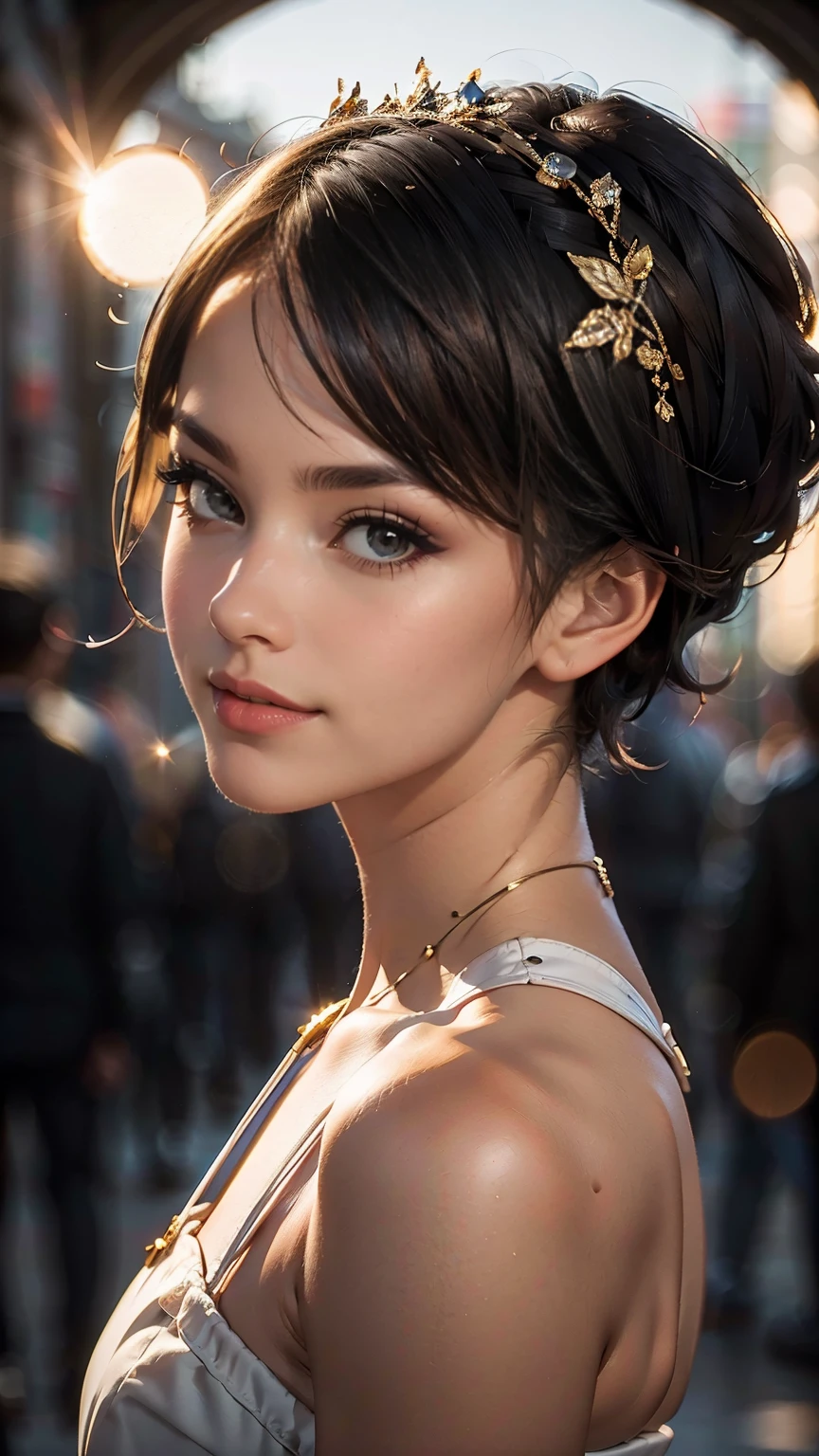 fashion model photoshoot, ballet dress, Strong design sense, medium shot, south african girl, short hair, hair accessory, delicate skin, smile, simple background, high texture, glare backlight, professional studio lighting