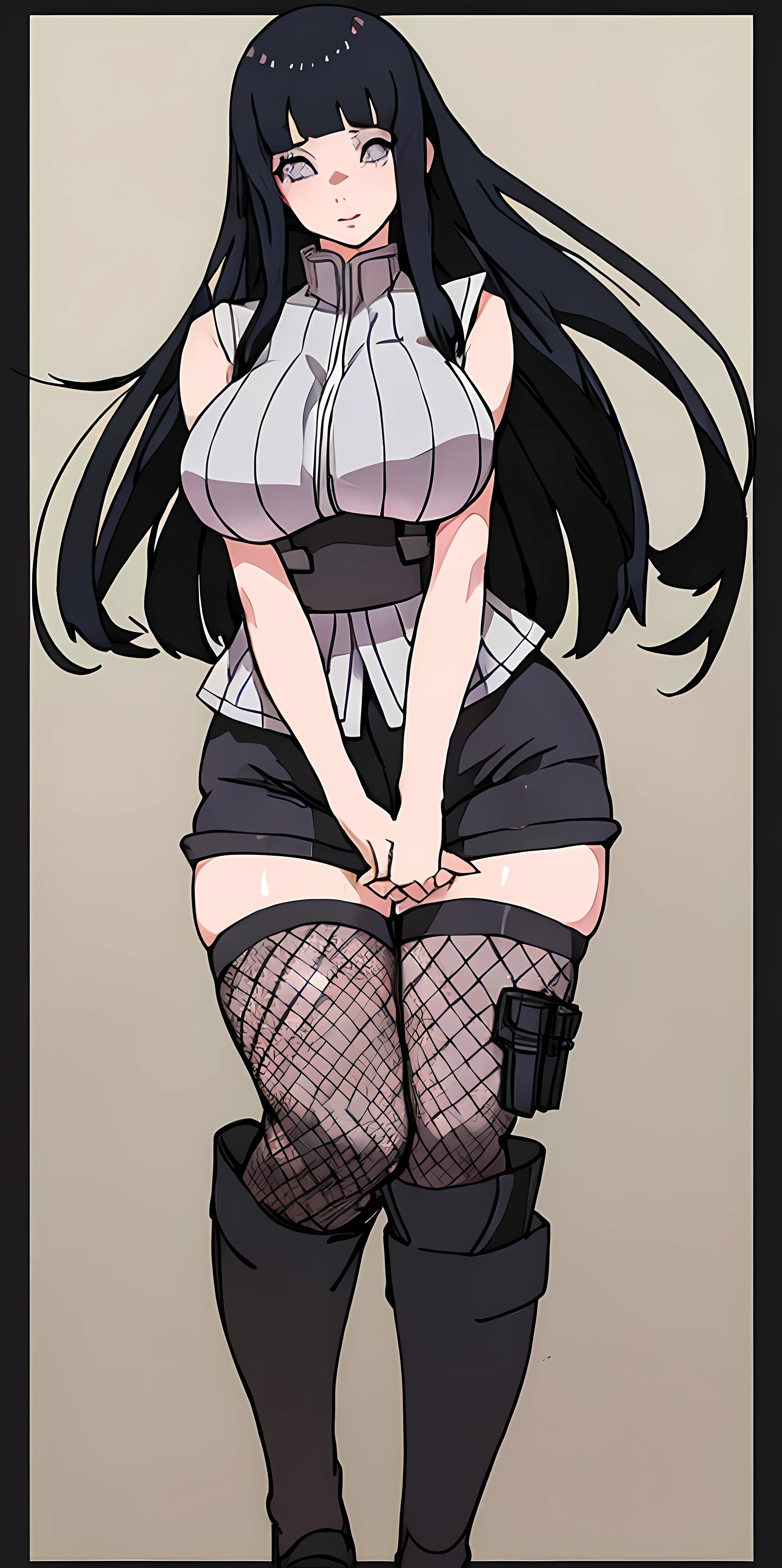 hyuuga_hinata, huge_, standing, solo, sleeveless_shirt_Black_shorts_fishnet_thighhighs,, masterpiece, best quality, detailed_face, detailed_eyes, detailed_hands, high_resoultion 