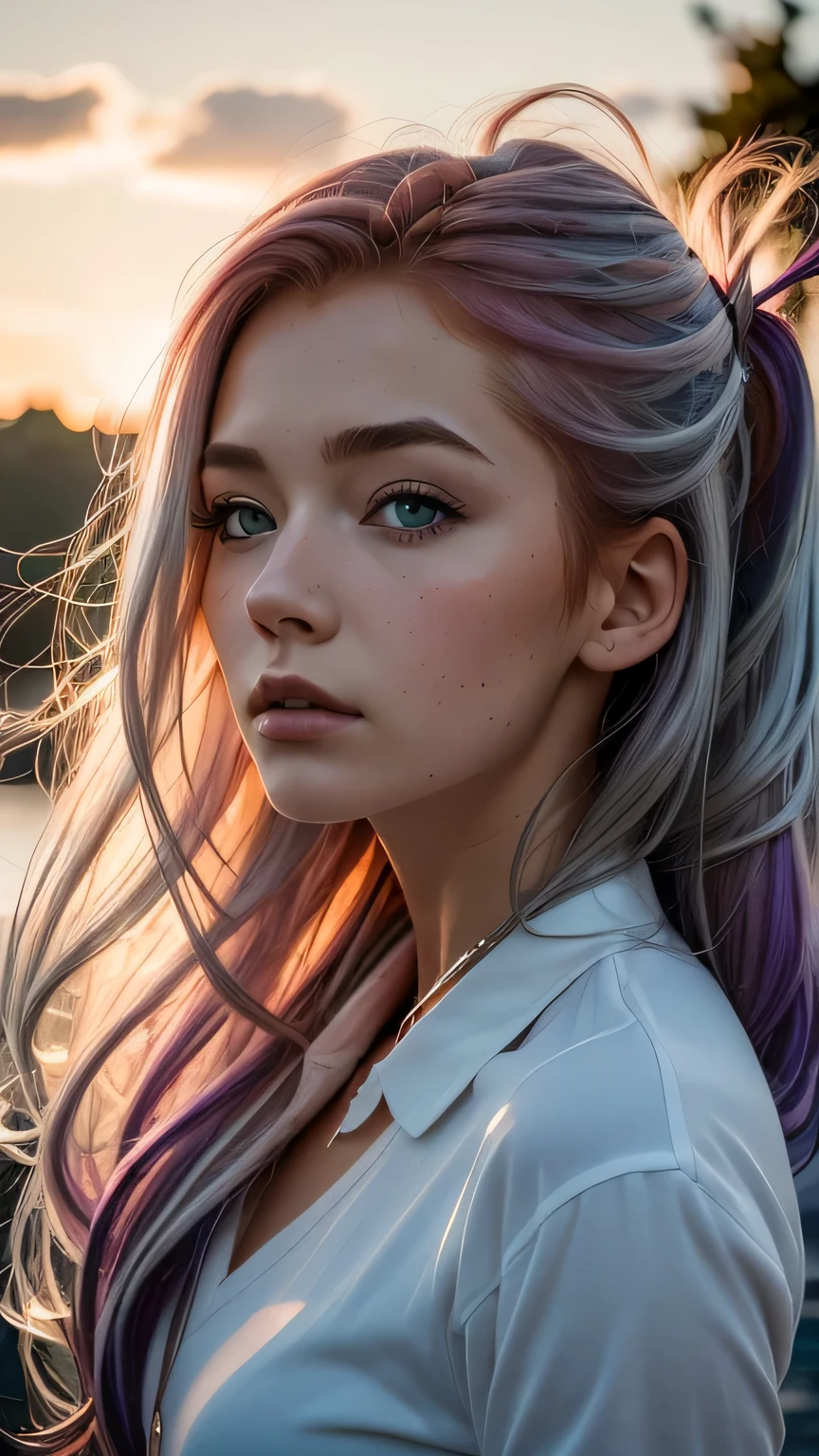 1.5),(1 girl),(dynamic pose),(multicoloredhead+silver hair:1.3+redhead:1.2+purple hair+yellow hair:1.3+green hair:1.3),(blue eyes),(neck ribbon),(floating),(cloud),(Too many droplets of water),(twilight),(watercolor),(wide shot),masterpiece, 最high quality, high quality, High resolution, close up of face､