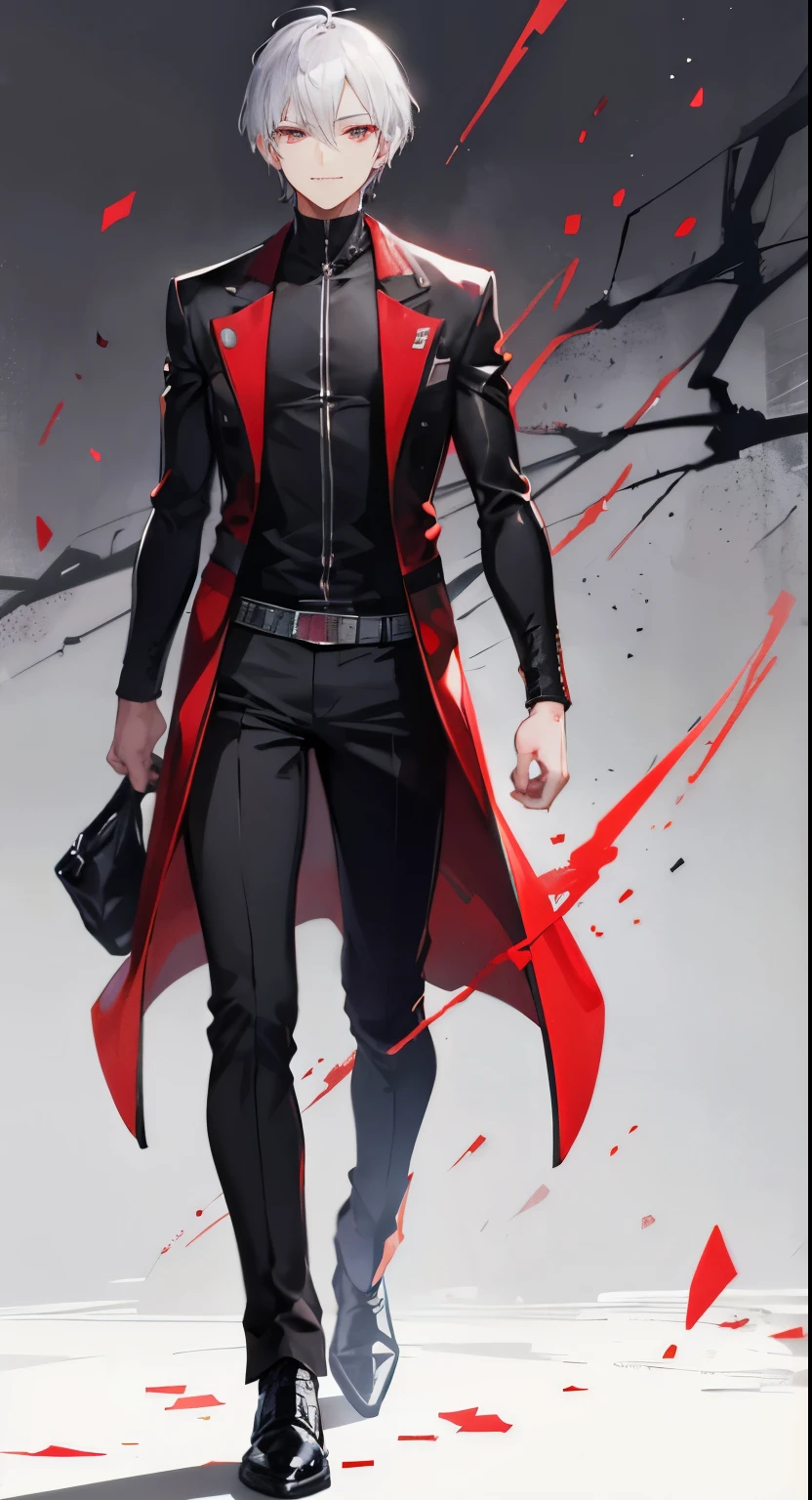 High resolution, 2D anime style,,Cool guy,Mature look,,20th generation,short hair,silver hair,red eyes,Dark Fashion,he is smiling a little,whole body,walking