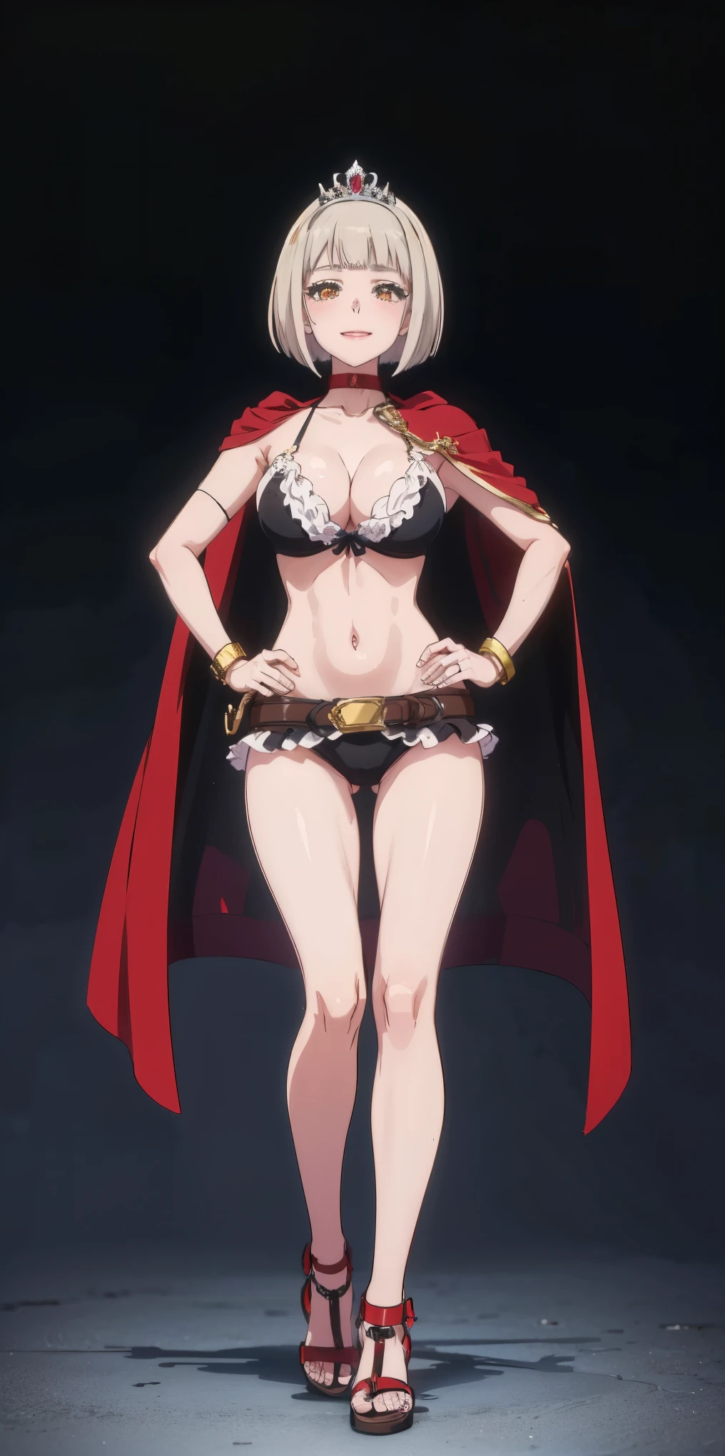 ((BLACK BACKGROUND,1:2, masterpiece)), full body MILF BIMBO standing with two long thighs and two high heels, red eyes, silver white hair, short bob style hair, big breasts, cleavage, separate sleeves, tiara royal, long cape up to two feet, yellow bikini, hands on waist, navel, lustful smirking smiling, smile face (red blushed, red cheeks), metal shoulders, gold sleeveless armbands, black leather choker slave collar, shackle bracelets, sex slave red crest, full body MILF BIMBO standing with two long thighs and two metal sandals, red eyes, silver white hair, short bob style hair, big breasts, cleavage, separate sleeves, tiara royal, long cape up to two feet, yellow bikini, hands on waist, navel, lustful smirking smiling, smile face (red blushed, red cheeks), metal shoulders, gold sleeveless armbands, black leather choker slave collar, shackle bracelets, sex slave red crest, pauldrons, breastplate, corset, eye focus, full body, whole body. 1solo . slave fighter, loincloth standing, hands on hips, metal sandals, backpack, choker, big belt, view from below, feet together, bracers, tiara)