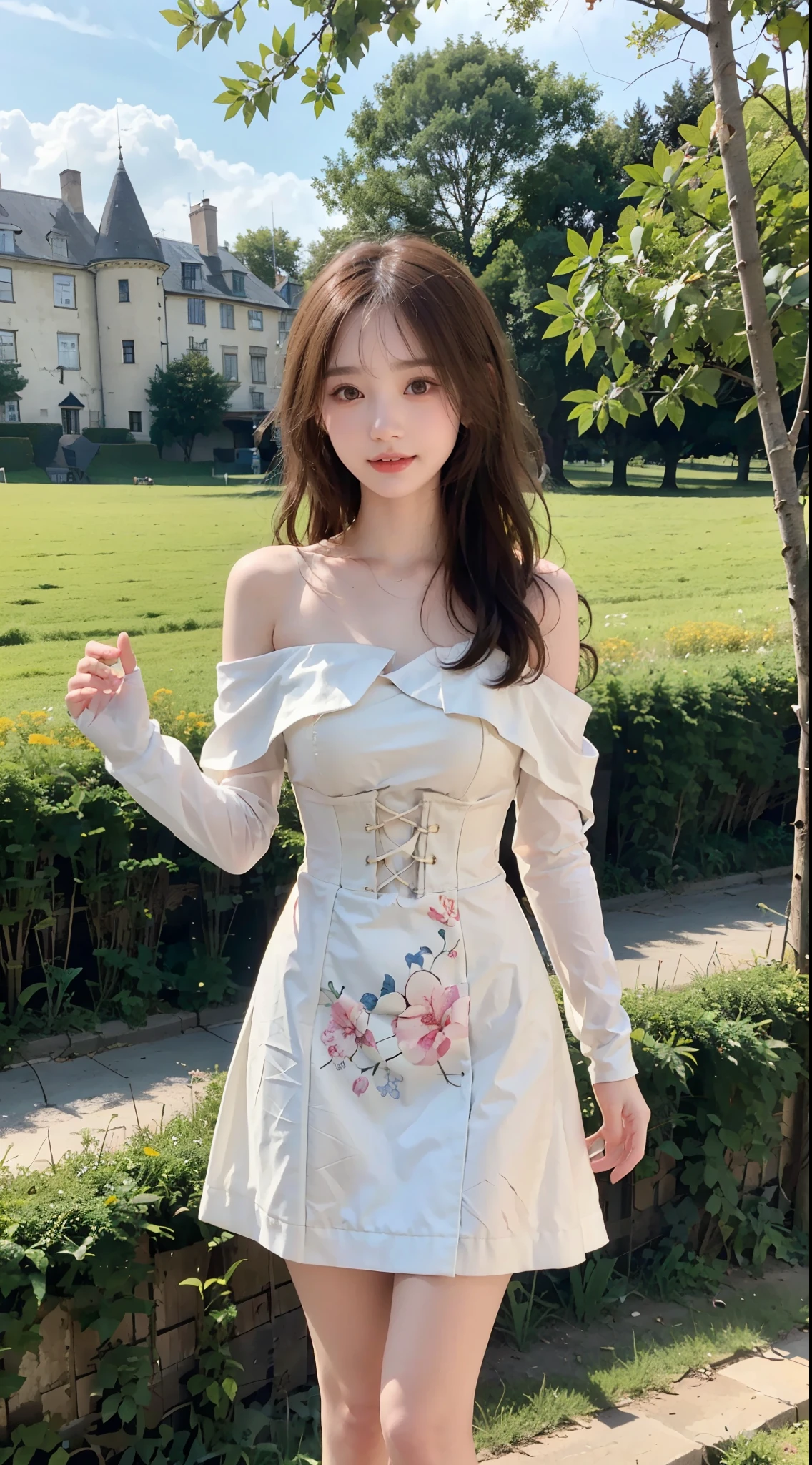 Medieval European castle town、spirit of geometry、with a girl:her hair is black and short、14 years、small face、Moist eyes、natural makeup、((look straight at the audience))、light smile、Her face is round and cute、(My face and dress are blown by the wind)、white sandal shoes、There is a ribbon on the ankle、(running in the meadow with a girl:1.3)、scene:There is a beautiful scene castle in the background.、blue sky, White cloud, Medieval European castle town、harry potter story world、The scene is softly painted like a watercolor painting.、that'What a wonderful atmosphere!。The scene expresses the imagination and sensibility of the girl、Pubic hair shows completely ????? pubic hair) ,more_get used to it:1.5, (More and more_get used to it:1.9)、(((off-the-shoulder corset dress)))、Floral、In random poses
