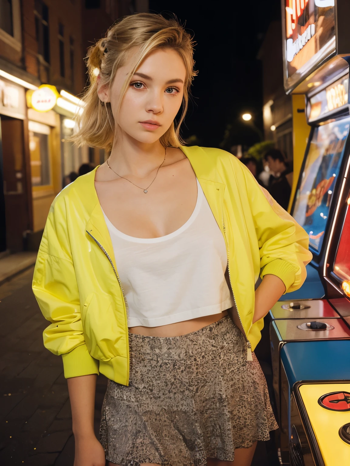 Beautiful blonde 24 years old woman, lolalove, asymmetrical mohawk, wearing yellow bomber jacket, white loose t-shirt,  80s arcade, college skirt, neon lights, canon 18 mm, night, realistic portrait, highly detailed, analog style, deep cleavage, playing pacman