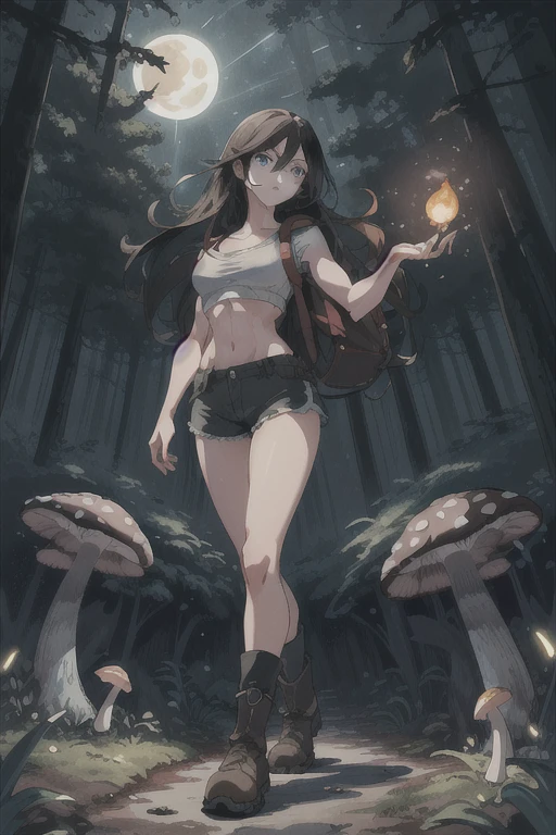 ultra high res, masterpiece, anime style, cell shading, highly detailed, fantasy inspired setting, 1girl, long black hair, blue eyes, expressive eyes, perfect face, medium breast, small waist, perfect figure, athletic physique, white crop top, showing cleavage, mid section exposed, wearing a hiking backpack, brown shorts, brown hiking boots, walking, looking at viewer, full body portrait, (Background: Outdoors, in the forest, night, moon light luminating on the forest floor, glowing mushrooms, fireflies)