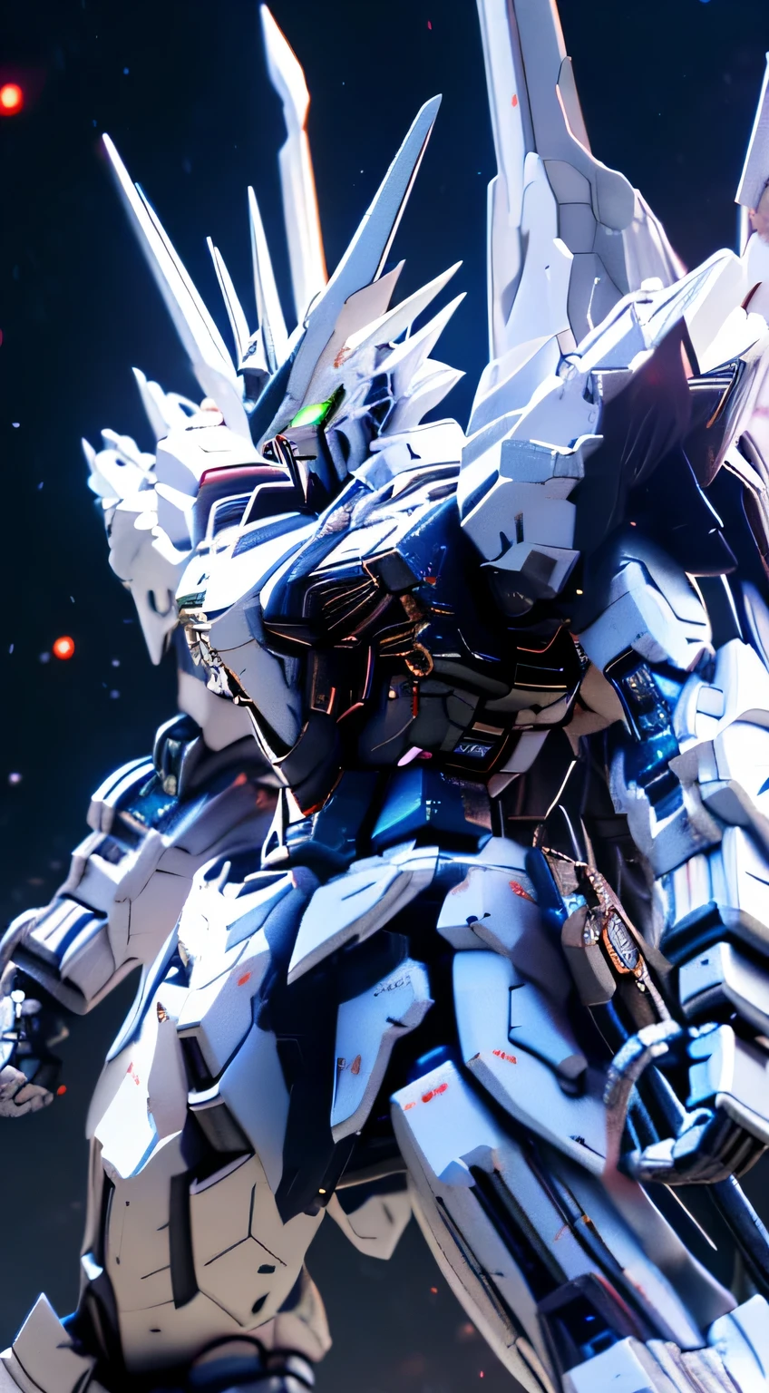 ， best quality， Very detailed， Super detailed， masterpiece， 8k wallpaper， white theme， green eyes， bad anatomy， absurd， high resolution， Super beautiful illustrations， absurd， solo， Game CG， suzerain，It was at night， （Black light：1）， （Detailed beautiful face and eyes：1）， command spell， Mecha Museum， Mask machinery parts， joint， Full armoghting stance
