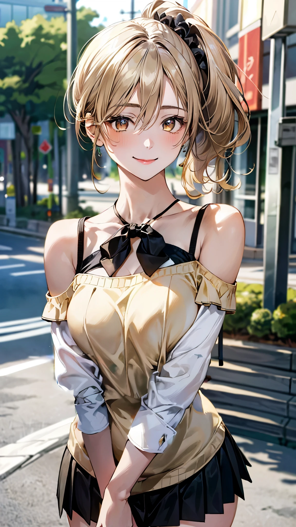 (masterpiece:1.3, top-quality, ultra high res, ultra detailed), (realistic, photorealistic:1.4), beautiful illustration, perfect lighting, natural lighting, colorful, depth of fields, surrealism,
beautiful detailed hair, beautiful detailed face, beautiful detailed eyes, beautiful clavicle, beautiful body, beautiful chest, beautiful thigh, beautiful legs, beautiful fingers,
looking at viewer, 1 girl, japanese, high school girl, (perfect anatomy, anatomically correct), cute and symmetrical face, babyface, perfect face, perfect eyes, shiny skin,
(middle hair:1.8, side ponytail:1.1, marron hair), hair between eyes, (gold eyes), slant eyes, long eye lasher, (large breasts:0.8, seductive thighs),
((long sleeve off-shoulder light yellow sweater, black halterneck camisole, black pleated mini skirt), yellow hair chouchou),
(beautiful scenery), summer, evening, (downtown), extremely sexy, (lovely smile, upper eyes),