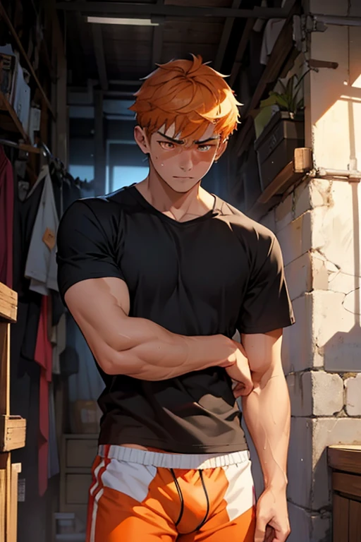There is a young handsome boy of weighing 60 kilos 1.75 tall, he is crying, he is sad and crying, He is 15 years old eyes and orange hair, he is in the foreground crying for his brother's death and then he swears revenge., he wears a black t-shirt that fits his thin body, muscular, (big bulge), well defined tone body