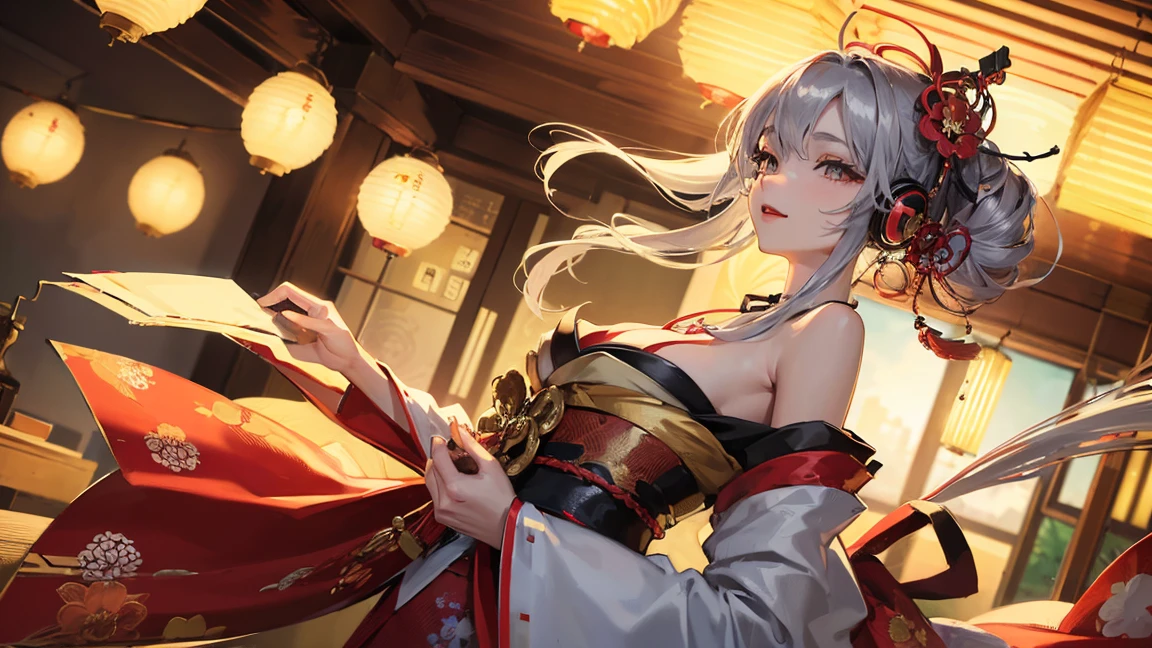 (masterpiece), (highest quality), Illustration of a girl wearing red lipstick、Oiran, anime、 1. **fashion**: She is off-the-shoulder, Colorful Japanese yukata and kimono。。。., 2. **Hairstyle slicked back**: Her hair is long, her hair color is silver、Reaches the chest、slightly wavy hairstyle..。., Transparent shiny hair, 3. **Features**: (Big yellow crystal eyes), 柔らかい顔立ちを持つ女の子のFeatures、beautiful、naughty atmosphere, enchanting beauty, beautiful,  Turn towards the audience with a happy smile, 4. **She is playing the guitar with headphones on and a cigarette in her mouth.。.**:The guitar plays an important role in expressing her emotions.., By carefully drawing the guitar down to the smallest detail.、.、.、.、、You can add personality to your character. (japanese design, Lots of lanterns,clear lines, High sharpness, highest quality, very detailed, masterpiece, movie lighting effects, 8K), (3D), Many lanterns in the background, Images for YouTube