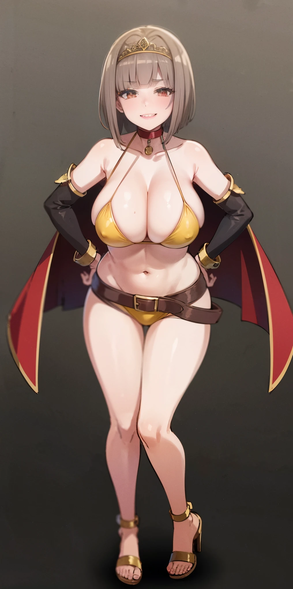 ((BLACK BACKGROUND,1:2, masterpiece)), full body MILF BIMBO standing with two long thighs and two high heels, red eyes, silver white hair, short bob style hair, ???????????, cleavage, separate sleeves, tiara royal, long cape up to two feet, yellow ??????, hands on waist, navel, ??????? smirking smiling, smile face (red blushed, red cheeks), metal shoulders, gold sleeveless armbands, black leather choker slave collar, shackle bracelets, ??? slave red crest, full body MILF BIMBO standing with two long thighs and two metal sandals, red eyes, silver white hair, short bob style hair, ???????????, cleavage, separate sleeves, tiara royal, long cape up to two feet, yellow ??????, hands on waist, navel, ??????? smirking smiling, smile face (red blushed, red cheeks), metal shoulders, gold sleeveless armbands, black leather choker slave collar, shackle bracelets, ??? slave red crest, pauldrons, breastplate, corset, eye focus, full body, whole body. 1solo . slave fighter, loincloth standing, hands on ????, metal sandals, backpack, choker, big belt, view from below, feet together, bracers, tiara)