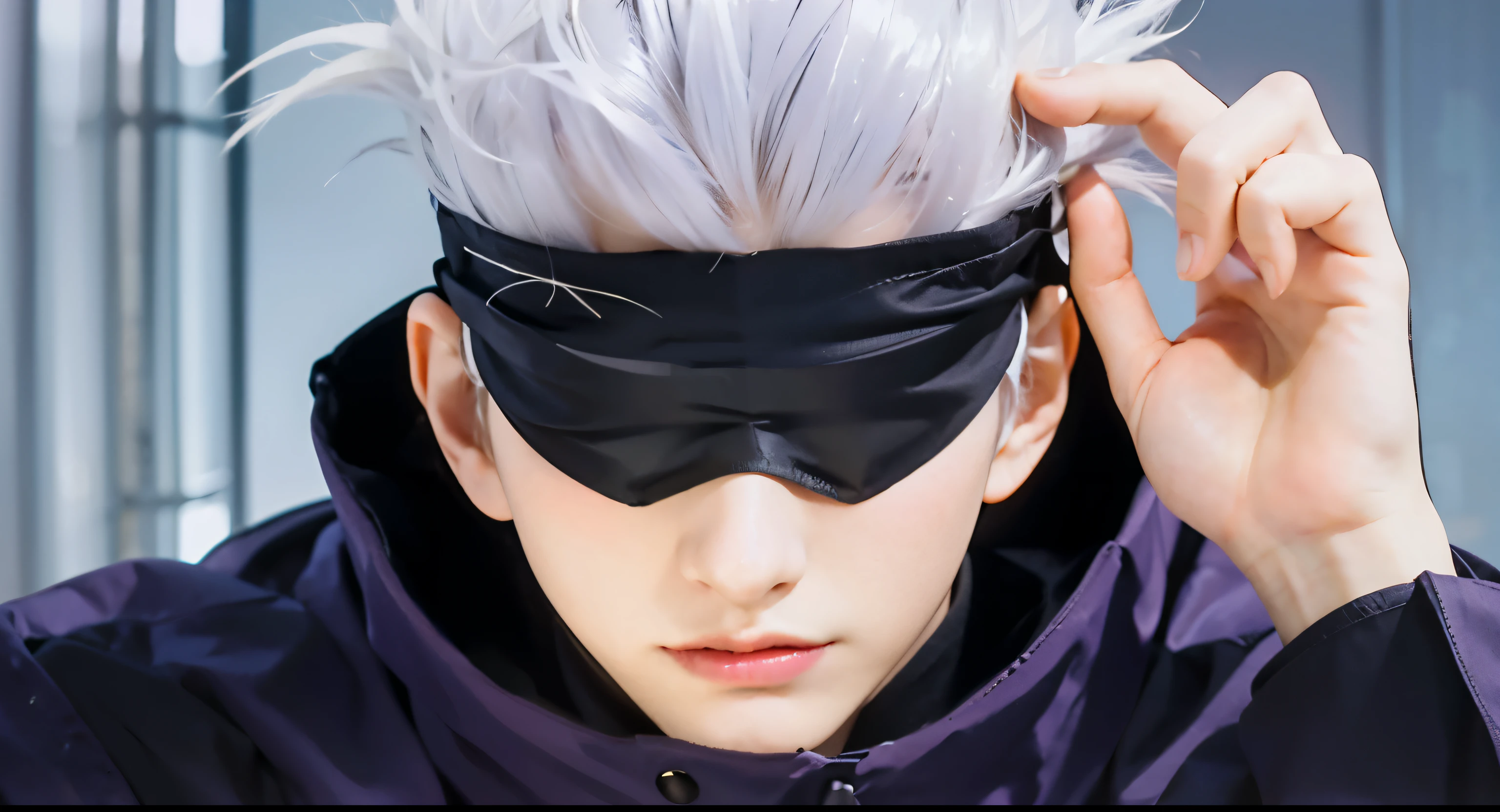 Adult male , white hair, black blindfold, dark purple coat with a high collar 