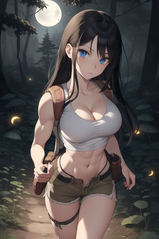 ultra high res, masterpiece, anime style, cell shading, highly detailed, fantasy inspired setting, 1girl, long black hair, blue eyes, expressive eyes, perfect face, medium breast, small waist, perfect figure, athletic physique, white crop top, showing cleavage, mid section exposed, wearing a hiking backpack, brown short-shorts, brown hiking boots, walking, looking at viewer, full body portrait, (Background: Outdoors, in the forest, night, moon light luminating on the forest floor, glowing mushrooms, fireflies)
