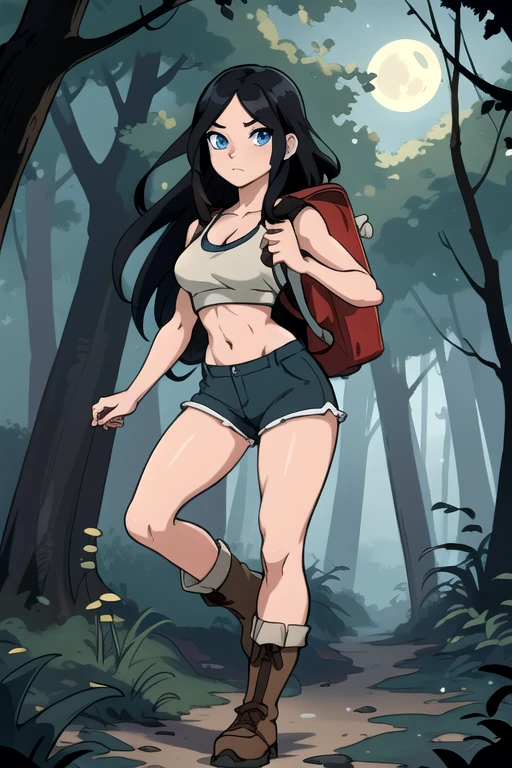 ultra high res, masterpiece, anime style, cell shading, highly detailed, fantasy inspired setting, 1girl, long black hair, blue eyes, expressive eyes, perfect face, medium , small waist, perfect figure, athletic physique, white crop top, showing , mid section , wearing a hiking backpack, brown short-shorts, brown hiking boots, walking, looking at viewer, full body portrait, (Background: Outdoors, in the forest, night, moon light luminating on the forest floor, glowing mushrooms, fireflies)
