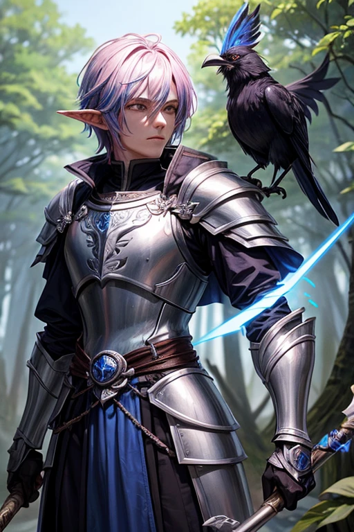 shadow elf male with blue and pink hair, wearing armor of the raven queen, holding a longbow standing in the crest of the forest