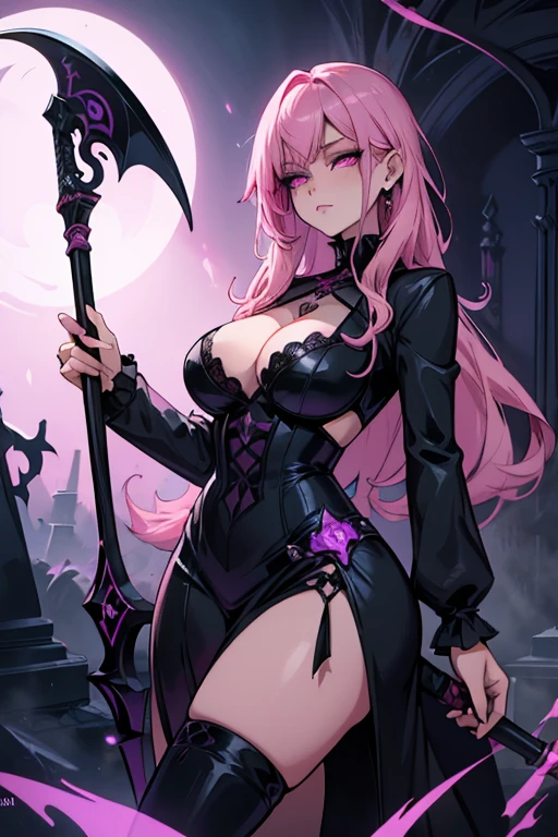 A pink haired female reaper with violet eyes and an hourglass figure wearing a Gothic rock outfit is spinning her scythe in the cemetery