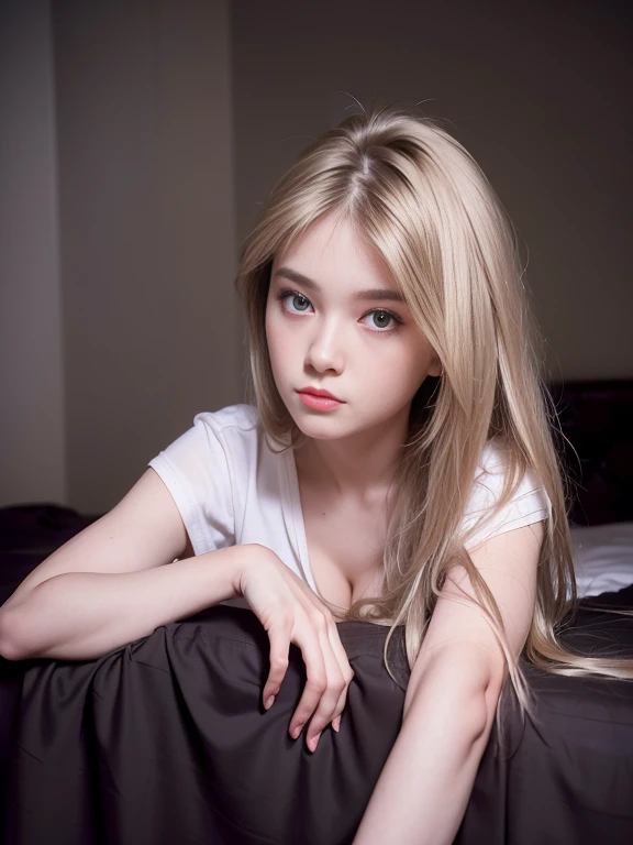 (masterpiece, professional photo), (8k, high resolution), women, caucassian, 19 years old, (straight messy hair (dark blonde)), sexy curve, beautiful face, ultra detailed eyes, (close mouth:1.2), tired look,small breast, (loose shirt:1.antieedroom, sitting on the edge of bed, high quality image, half body photo