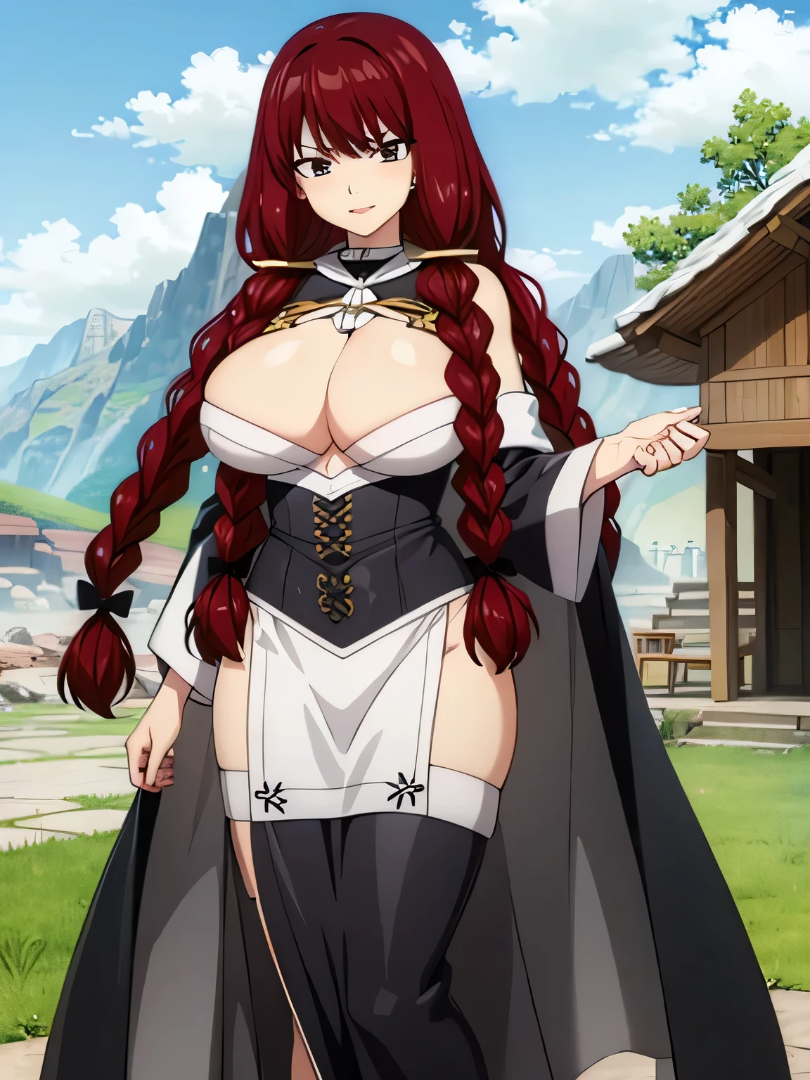 8 k, ultra quality,beautiful woman,for thick braids,scarlet hair,charming oval face,double eyelid,(beautiful intelligent eyes),(plump lips ),looking at the viewer ,hand on the chest,great details,Big ,Naked,apron on the naked body