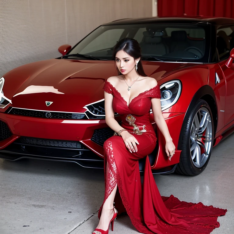 Masterpiece,girl realistic, real,(( full body,, ))1girl,, beauty charming, (detail shape)sexy,busty,standing, long hair, earrings, jewelry, lips,?,,long hair,kebaya, high heels,dress,,, mini red kebaya, sit down,sport car, Lamborghini,model, photo shoot, wallpaper Uhd 4K