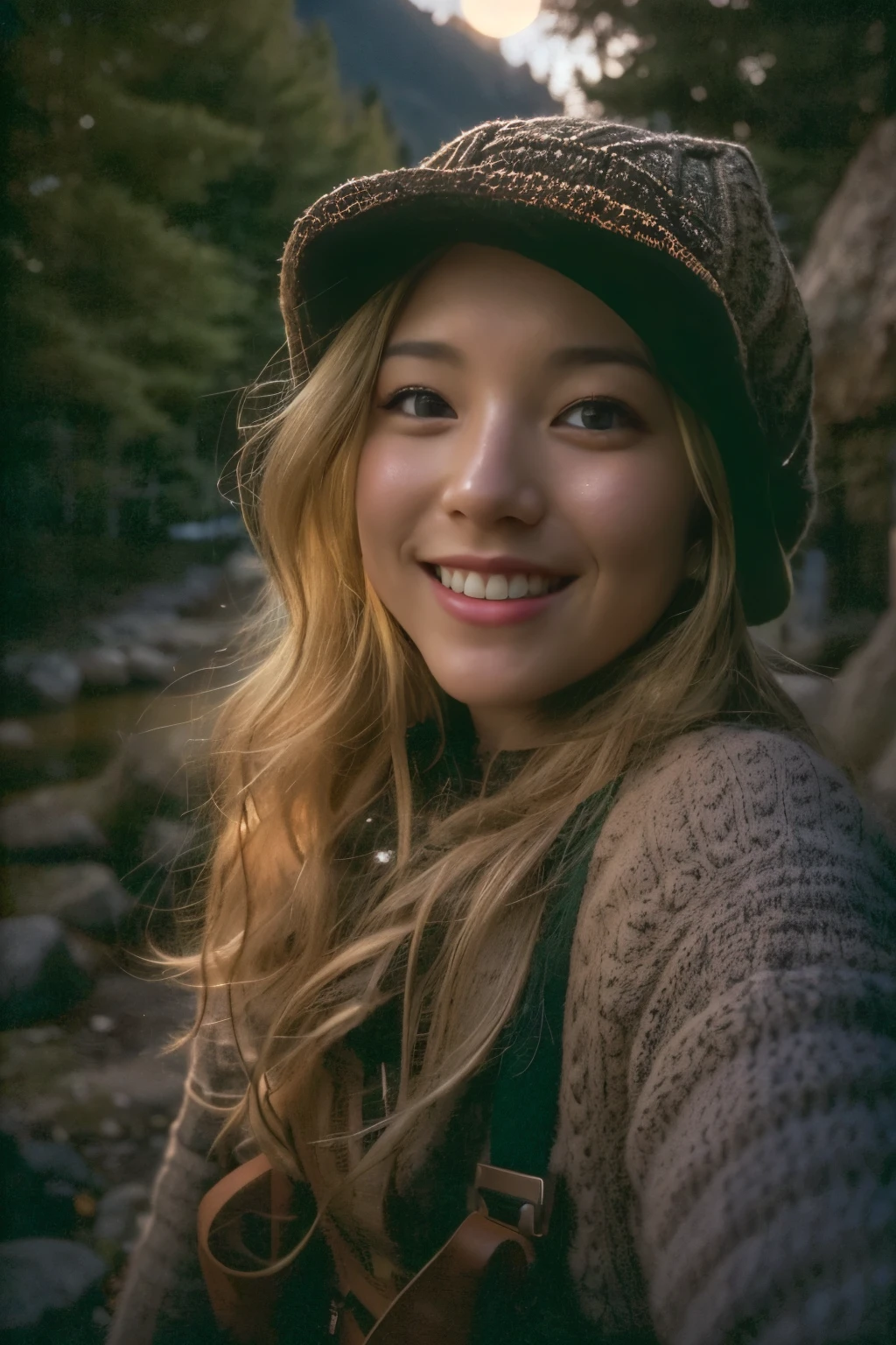 VeronicaCipher ((upper body selfie, happy)), masterpiece, best quality, ultra-detailed, solo, outdoors, (night), mountains, nature, (stars, moon) cheerful, happy, backpack, sleeping bag, camping stove, water bottle, mountain boots, gloves, sweater, hat, flashlight, forest, rocks, river, wood, smoke, shadows, contrast, clear sky, analog style (look at viewer:1.2) (skin texture) (film grain:1.3), (warm hue, warm tone) :1.2), close up, cinematic light, sidelighting, ultra high res, best shadow, RAW, upper body, , wearing pullover
kodak vision 3,