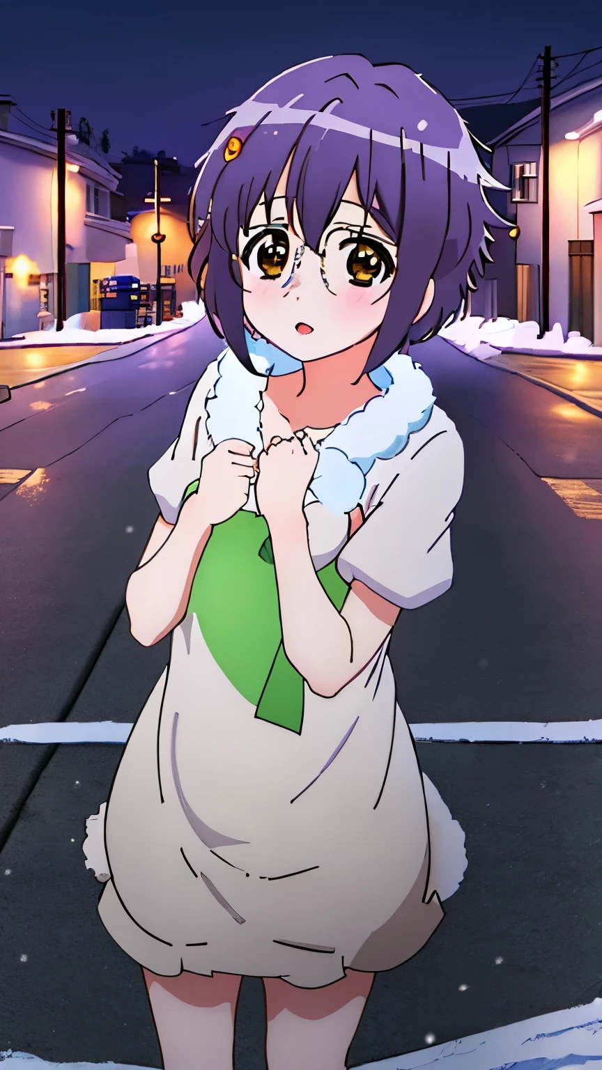 masterpiece, best quality, high resolution,
cowboy shot, anime coloring, 
 ,NIGHT, pavement, snowing, snow,utility pole,  (Pavement and Snowscape:1.2)
kyoani haruhi style, cinematic,
,kyoani haruhi style, 1girl, solo, yuki nagato, kita high , short hair, purple hair, bangs, brown eyes, anime coloring, small breasts, ((masterpiece)),((HD)), ((4K)), 
looking at viewer,
hairless clitoris, 
small clitoris, 
no clothes, 
bare breasts, 
bare bottom, 
open legs, 
sexy,
sex,
naked,
semen,