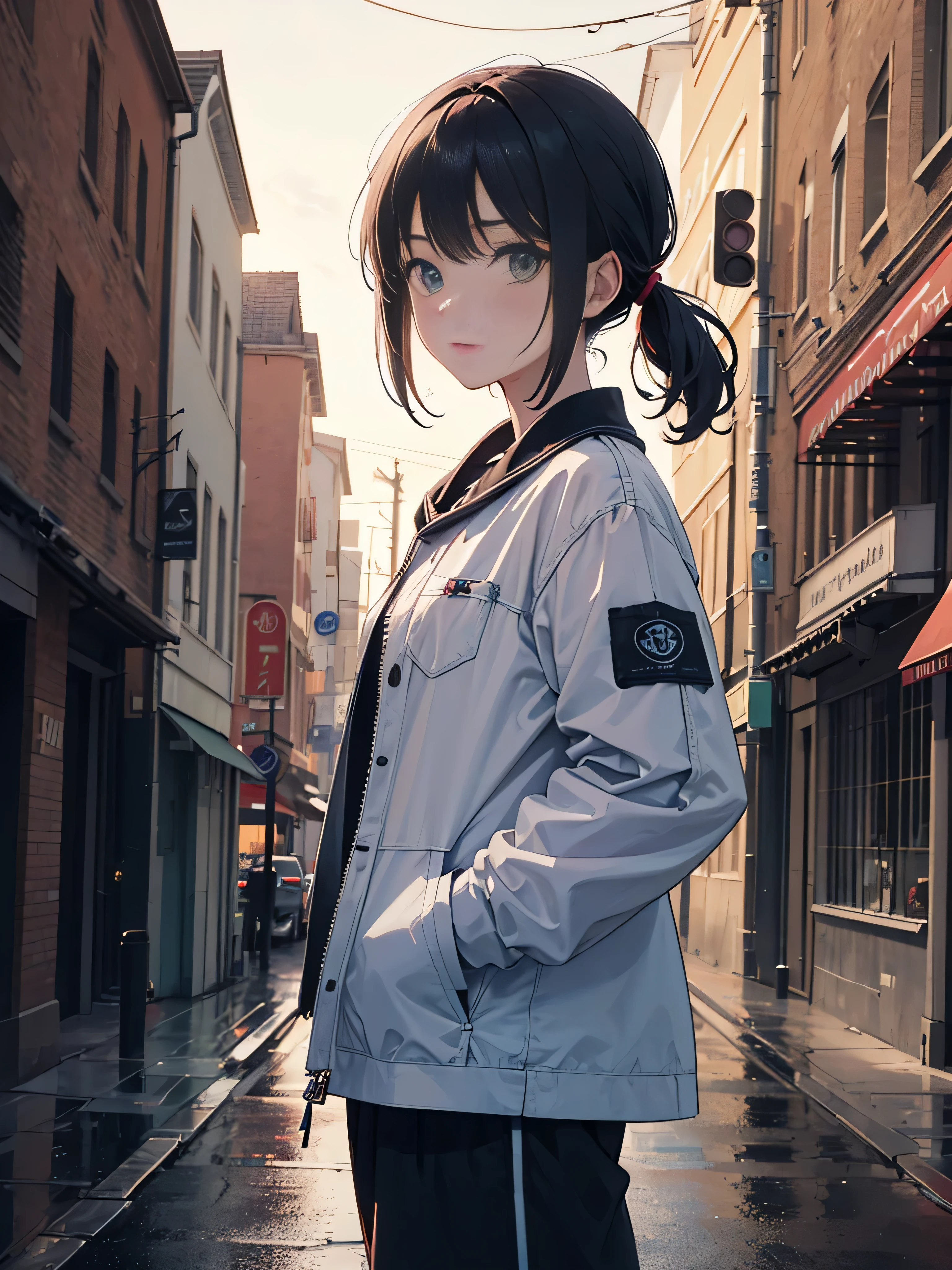 20 year old girl, Staring ahead with stern emerald green eyes, rebellious look, Rainy night、Walking through a bright and quiet town, A dark and oppressive environment, My hair was messed up by the wind, hair tied in a ponytail, dark blue hair, Bangs on the face, put one&#39;s hand in one&#39;s pocket, 8K, hd, Rebel Clothing,