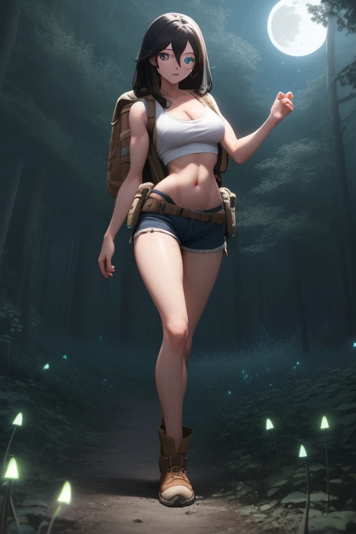 ultra high res, masterpiece, anime style, cell shading, highly detailed, fantasy inspired setting, 1girl, long black hair, blue eyes, expressive eyes, perfect face, medium breast, small waist, perfect figure, athletic physique, white crop top, showing cleavage, mid section exposed, wearing a hiking backpack, brown short-shorts, brown hiking boots, walking, looking at viewer, full body portrait, (Background: Outdoors, in the forest, night, moon light luminating on the forest floor, glowing mushrooms, fireflies)
