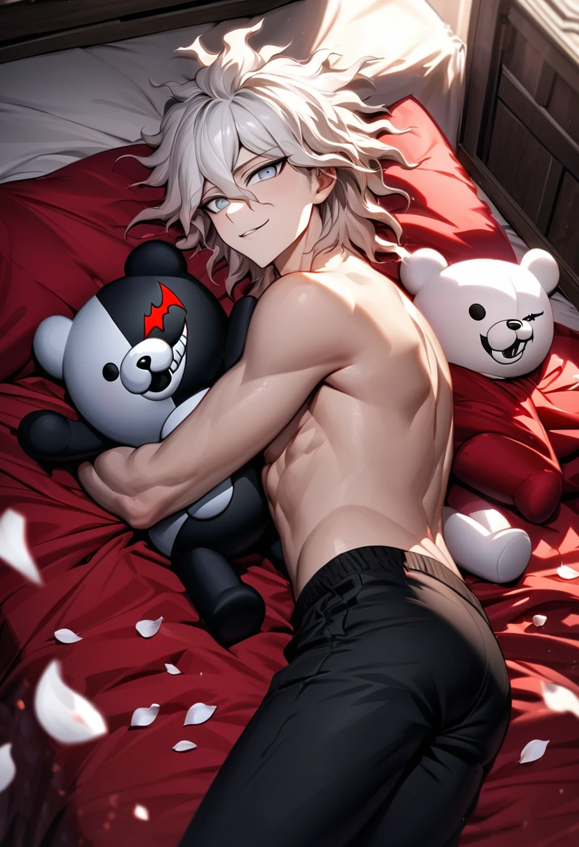 Ultra detailed, Highres, absurdres, HDR, Komaeda Nagito, white hair, silver eyes, Danganronpa, bare chest, without shirt, black pants, smirking, lying in a bed, red sheets, petals, hugging a plushie of Monokuma, 1 adult man only, handsome