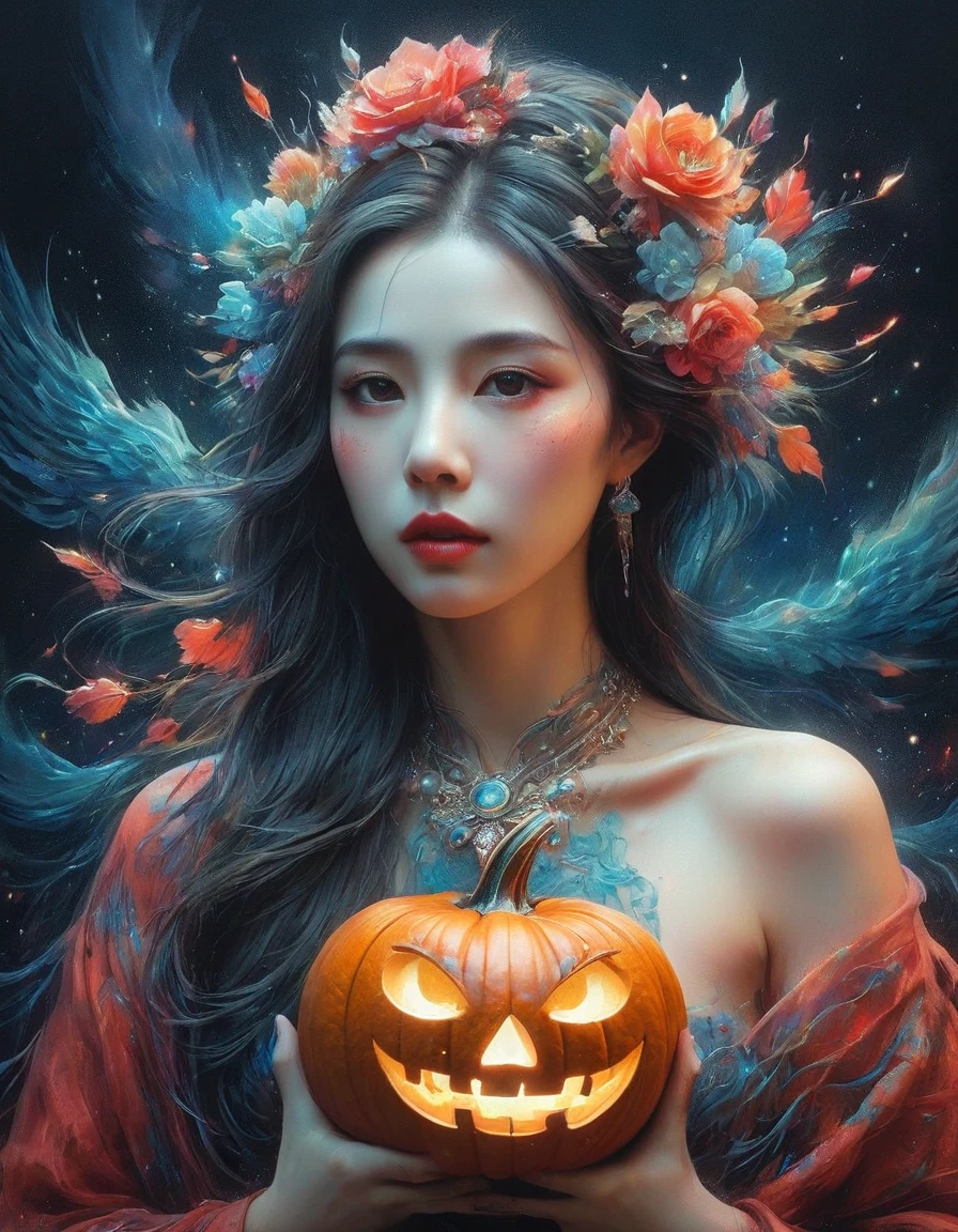 (The Art of Aptrus, Peter Pola), skeleton, 1 girl, Hairy, Jour des morts, Scary Pumpkin Mask, Rags of rags, fog and mist, flat chest, small breasts, Rotten pumpkins all around, official art, Super detailed, Beautiful and beautiful, intricate details, Portrait of the most beautiful chaotic form, elegant, brutalist design, bright colors, by James Jean, Robbie Devi Antonio, Rostran, French bacon, Michael Mraz, Adrian Genius, Petra Cortright, Gerhard Richter, Takato Yamamoto, Ashley Wood, Atmospheric, (black crow:1), (Blackbird:1.2), Red rose, (Limited color palette), Extremely lush, Colorful hair, (whole body:1.4), (symmetry), masterpiece, best quality
