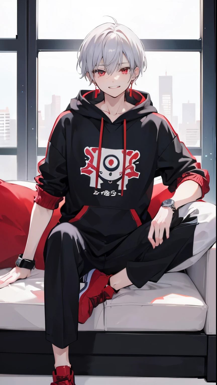 High resolution, 2D anime style,,cool men,red eyes,short hair,silver hair,20th generation,Fashion wearing a hoodie,Beautiful watch,beautiful earrings,he is smiling a little,whole body,sitting