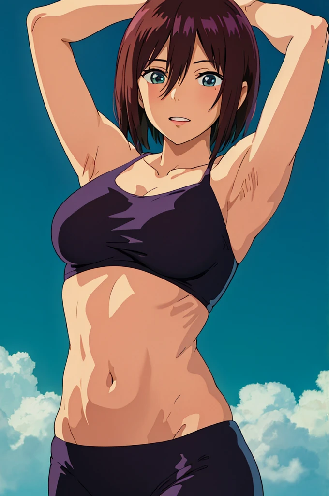 best quality, ultra-detailed, high resolution, 1990s_(style), retro artstyle, 1990s anime cels style, vivid colors, (flat color:1.2), beach, crowd people, 1woman is 46yo, mature female, (mature face:1.4), milf, (huge breasts:1.2), white slingshot bikini, red hair, short hair, blue eyes, big eyes, smile,open mouth, from below, looking away, running, wind