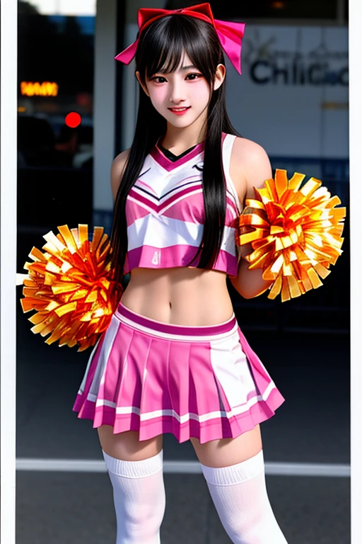 masuter piece, best qualtiy, ((realisitic)), ((1 person)), 8K picture quality, extremely delicate and beautiful, magnifica, Official art with attention to detail, Ridiculous, unbelievable Ridiculous, huge filesize, ultra-detailliert, ighly detailed, (Beautiful petite girl), (detailed girl), (Korean  beauty), Blonde hair, ((Perfect female figure)), large full breasts, Slim waist, big butts, (((Cheerleading costume with pink ruffles, Mini flared skirt))), High exposure, With bangs, Feminine look, (ssmile), (Gymnasium)