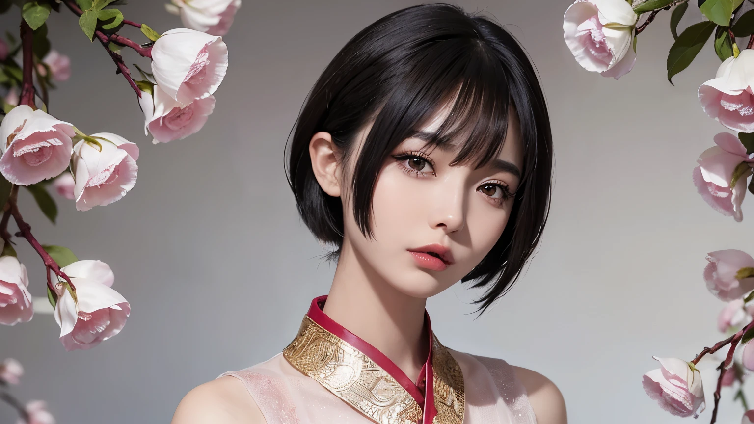Cool Chinese Girl with Short Hair - Version 2.0:
Chinese women、Her short hair exudes sophistication and coolness.。, sophisticated hairstyle. her hair, Long shiny black bob, This style emphasizes angular jawline and high cheekbones.. The woman's face is perfectly made up, Slight pinkish redness on cheeks, thin, Well-defined eyebrows, Her lips have a hint of lip gloss. Her Eyes, Dark and almond-shaped, surrounded by a thick frame, Bold eyeliner and long, Perfect lashes.
She is wearing a modern Chinese costume., Consists of